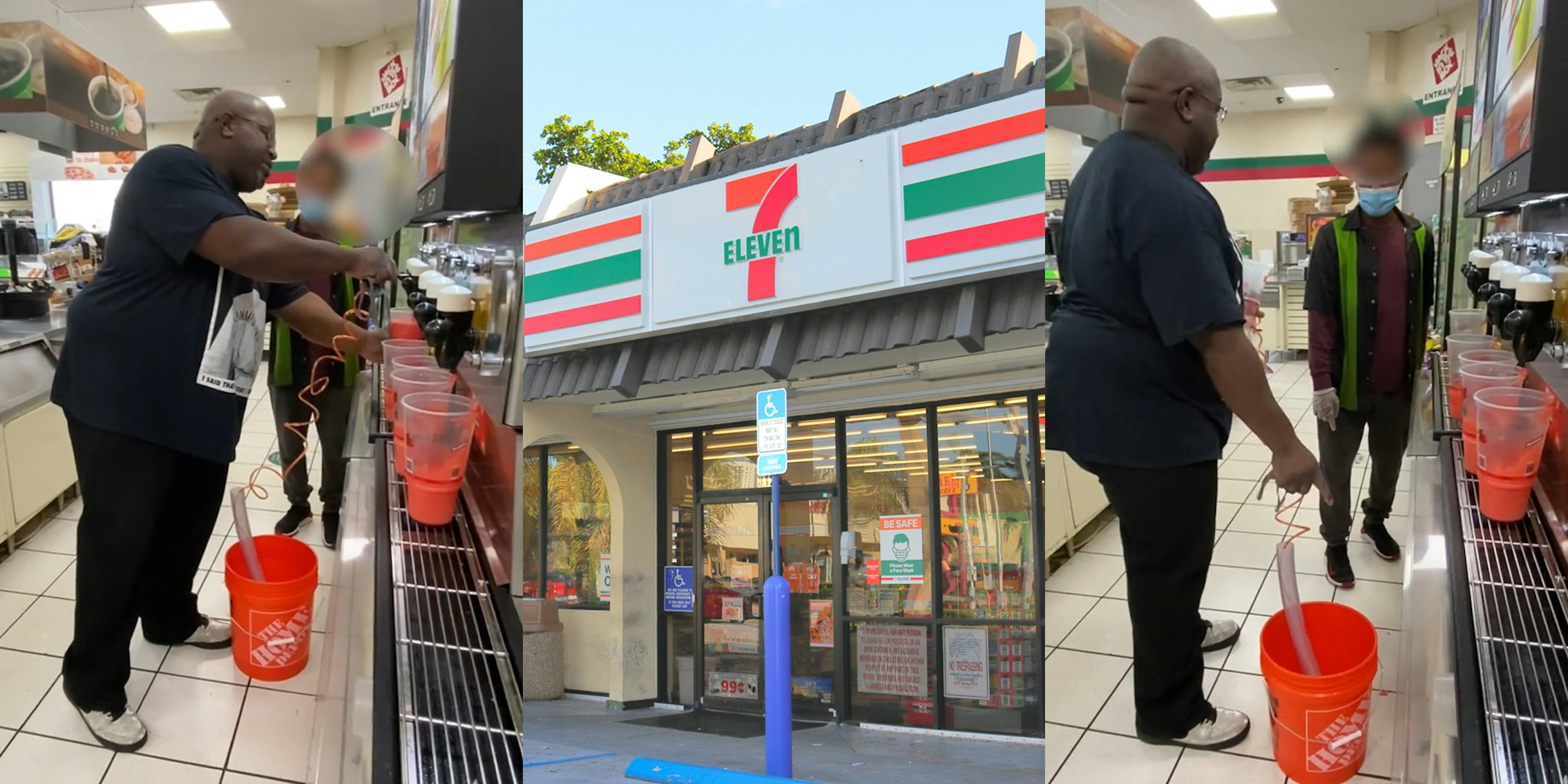 7/11 customer filling bucket from fountain drink machine while speaking to worker (l) 7/11 building with sign (c) 7/11 customer filling bucket from fountain drink machine while speaking to worker (r)