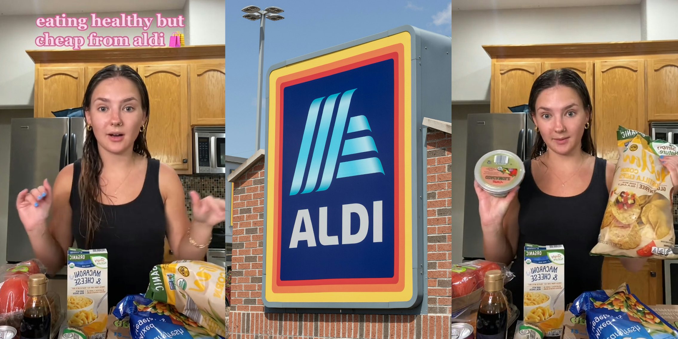 woman holding guac and chips Infront of grocery purchase; Aldi Store Front Logo