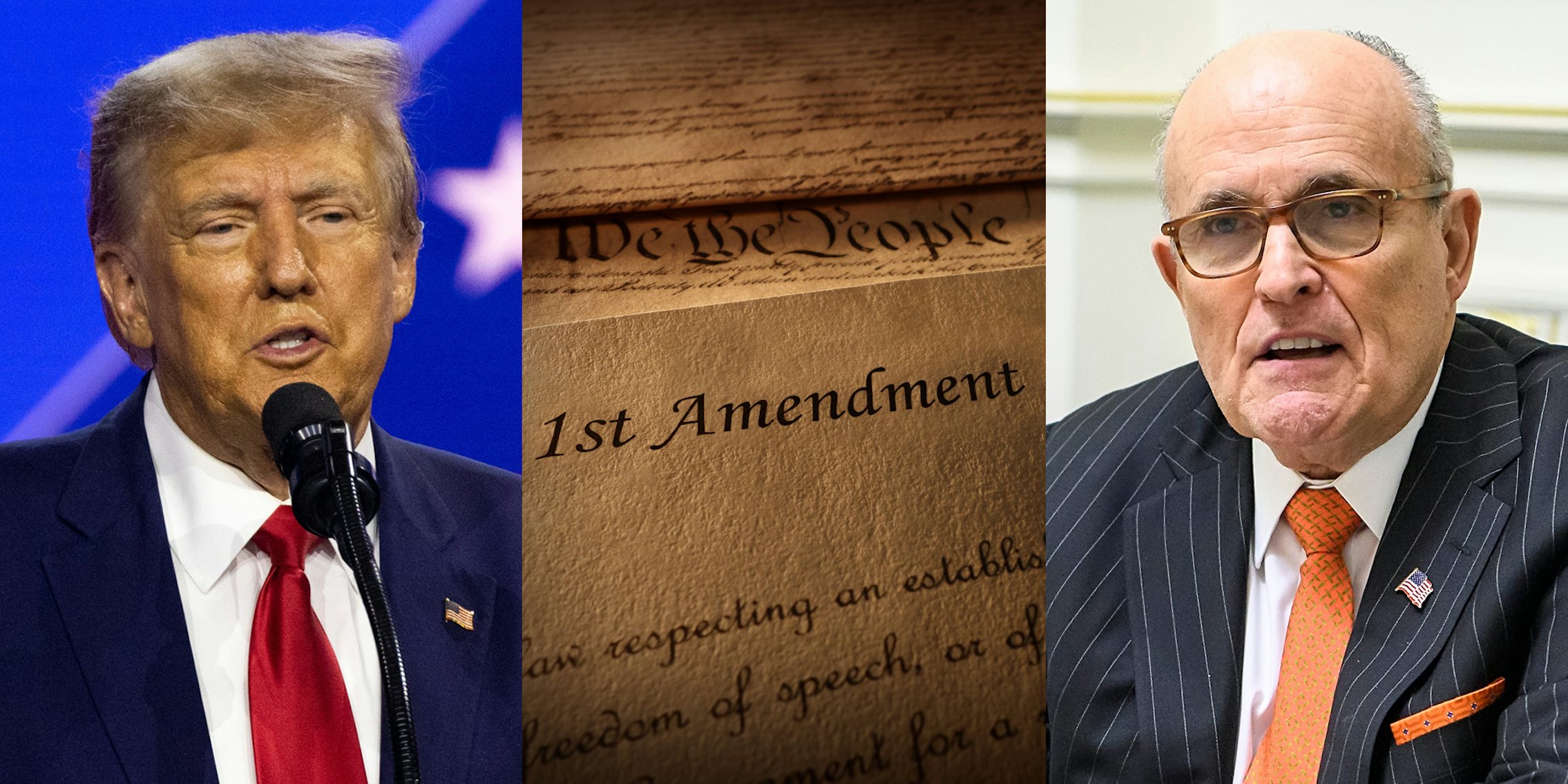 Donald Trump speaking in front of blue background (l) First Amendment in constitution (c) Rudy Giuliani speaking in front of light background (r)