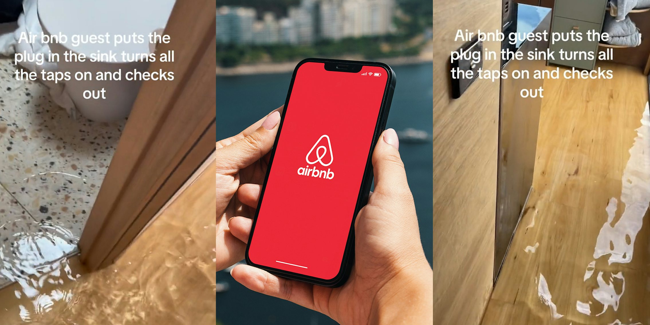 Flooded home; hand holding iPhone showing Airbnb logo