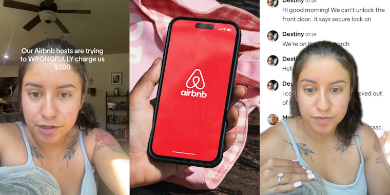 Woman holding up iphone with Airbnb Logo on Screen; Woman explaining how she is wrongfully being charged at AirBnb