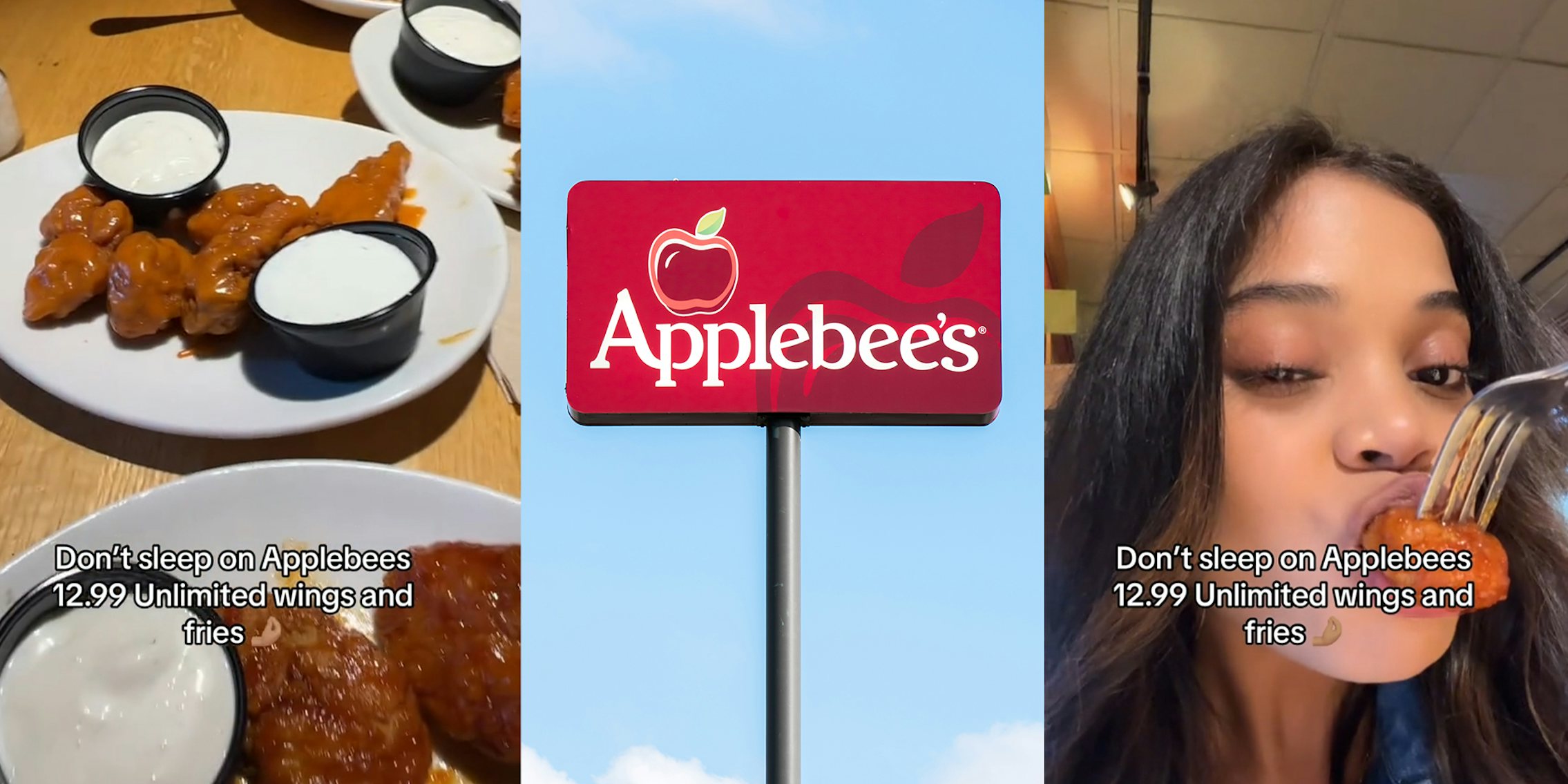 Applebees unlimited wings; AppleBee's Sign; Woman eating wings