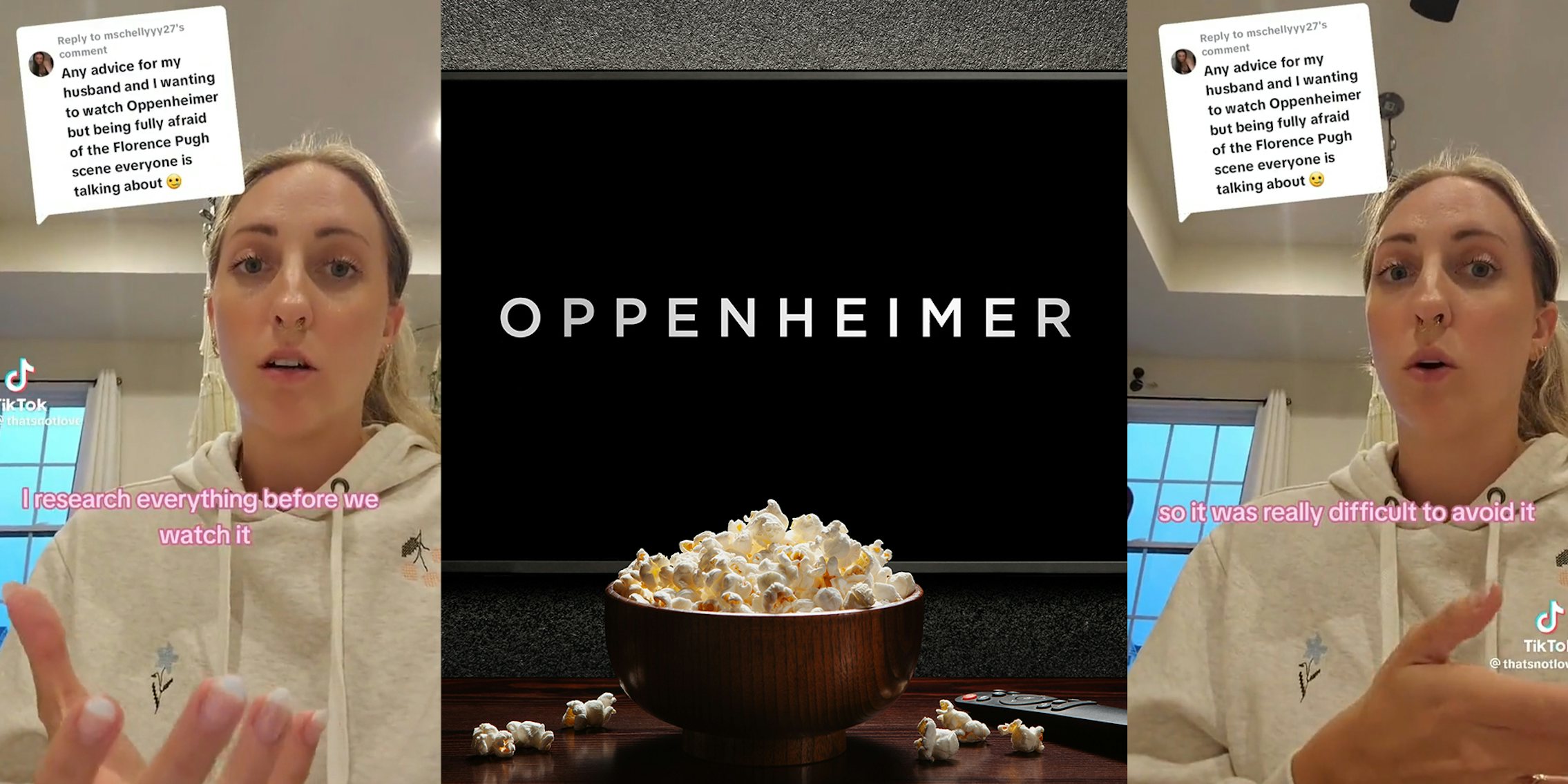 Woman wearing hoodie; Oppenheimer trailer or movie. TV with remote control and popcorn bowl.