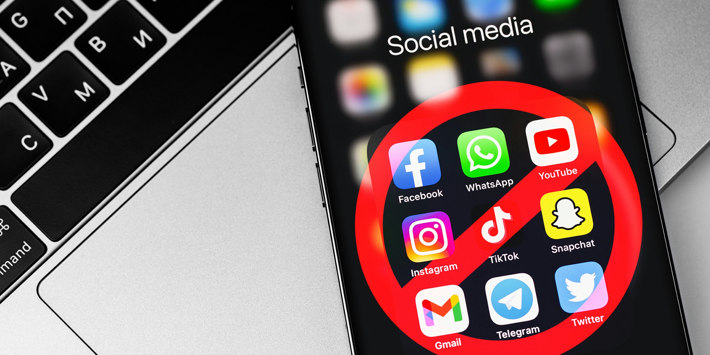 Denied Symbol on top of social media mobile apps (WhatsApp, Facebook, Messanger, Instagram, Snapchat, TikTok, Telegram, Gmail, Twitter) on a display interface iPhone
