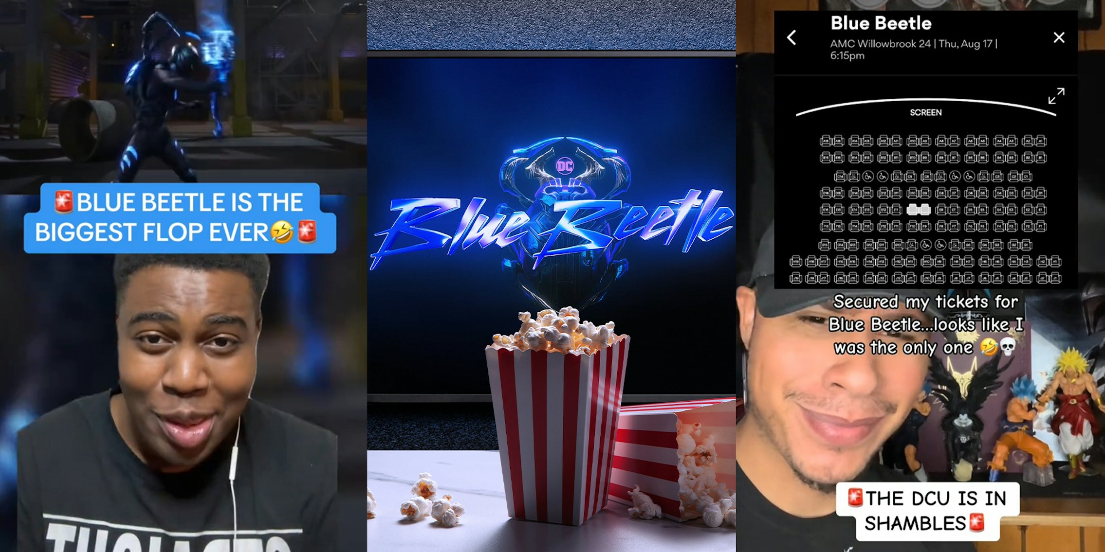 TikTok showing blue beetle not having seat sales for movies premiere; Blue beetle trailer or movie on TV screen. TV with remote control, popcorn boxes and home plant.