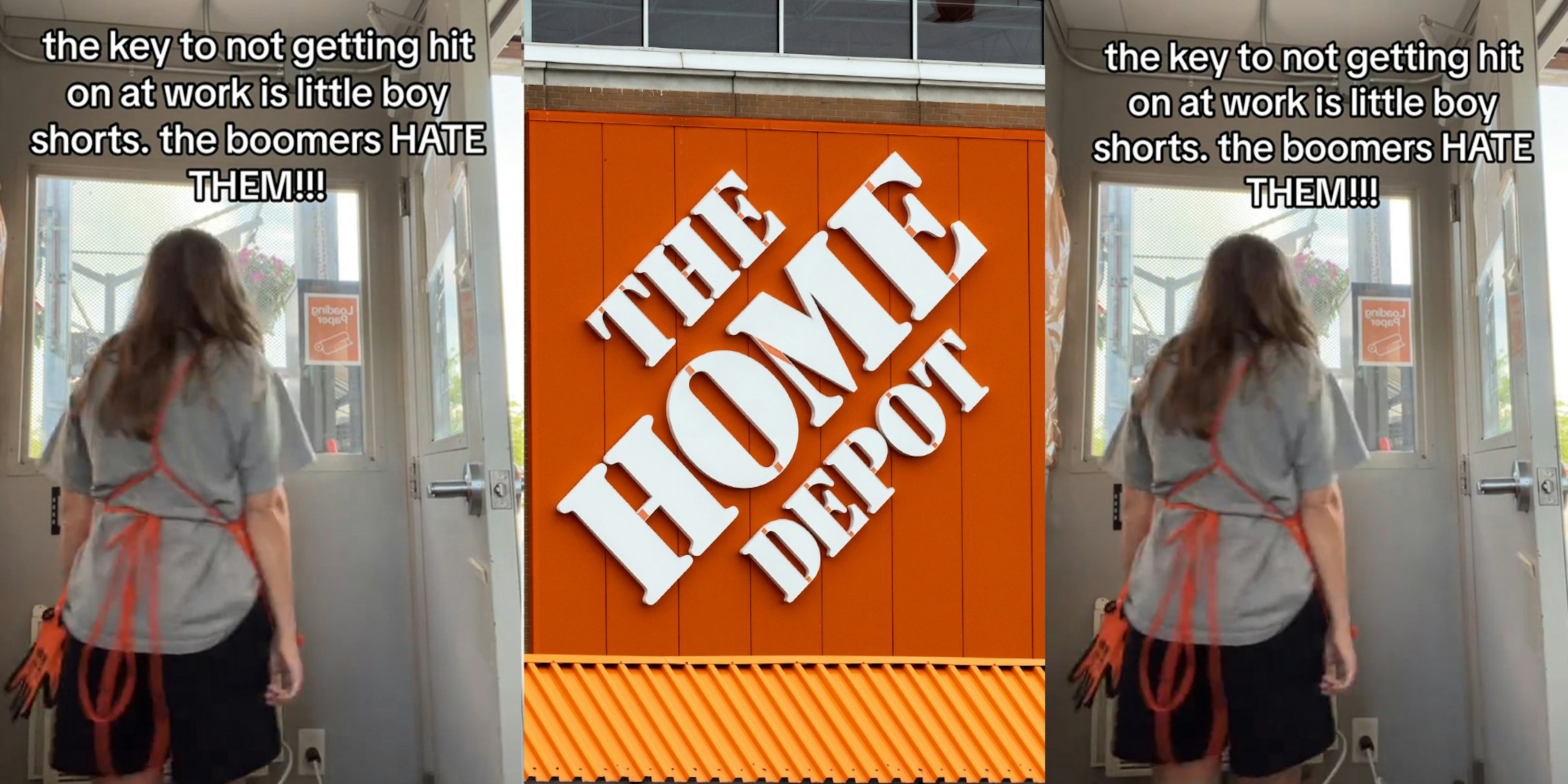 Home Depot Worker wearing grey shirt with apron and boy shorts