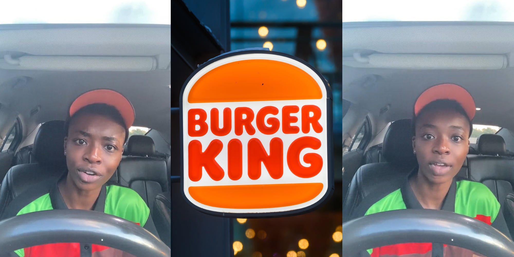 Black woman wearing burger king uniform inside of vehicle; Burger King Logo Sign