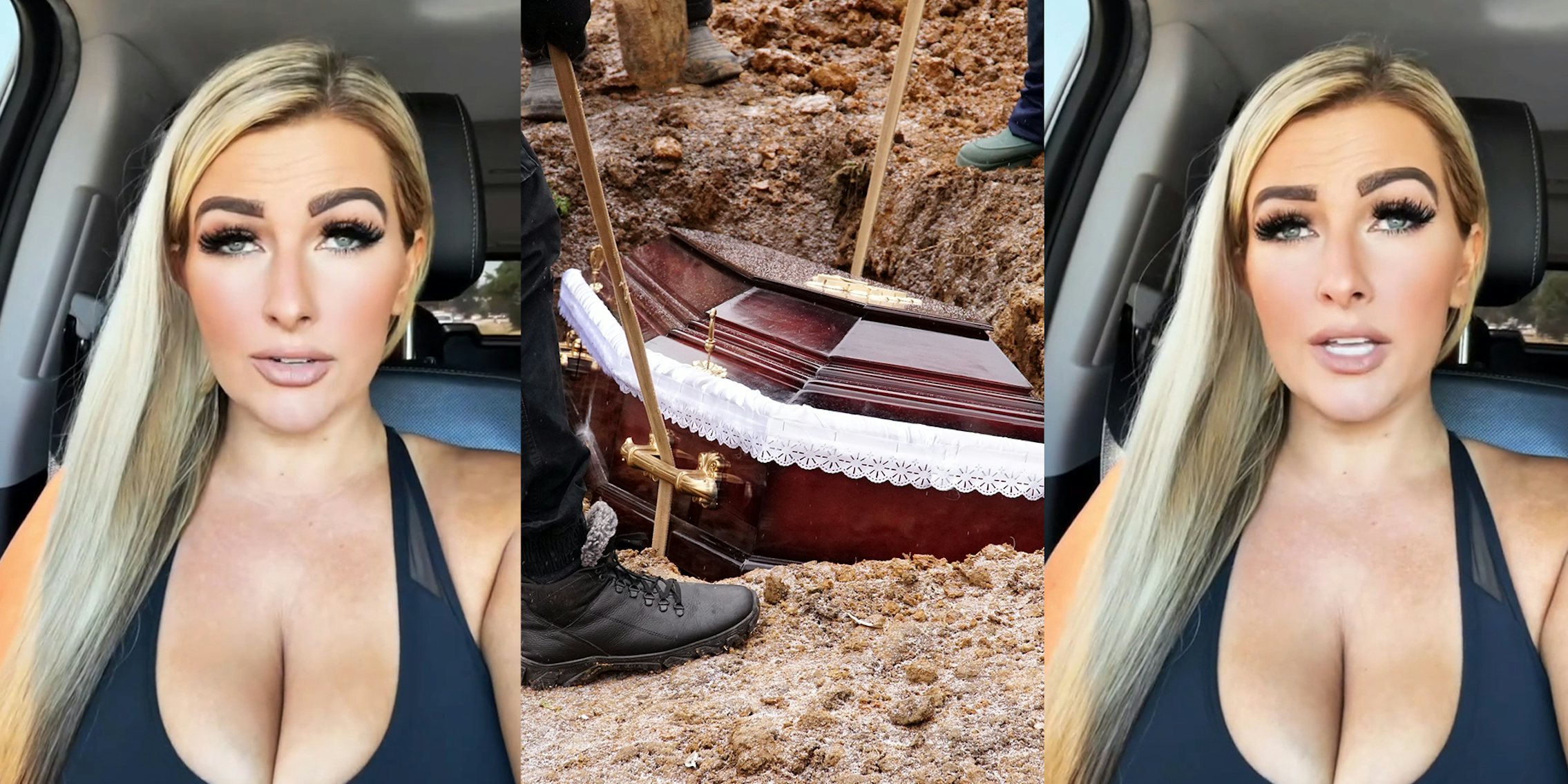 Woman explains the benefits of burying someone in your backyard; Coffin being lowered in hole