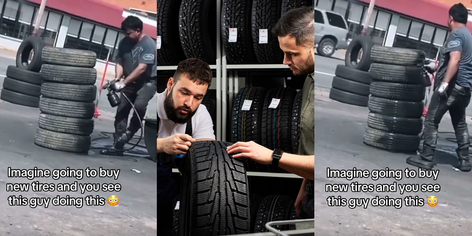 Customer catches tire shop worker spray-painting tires black