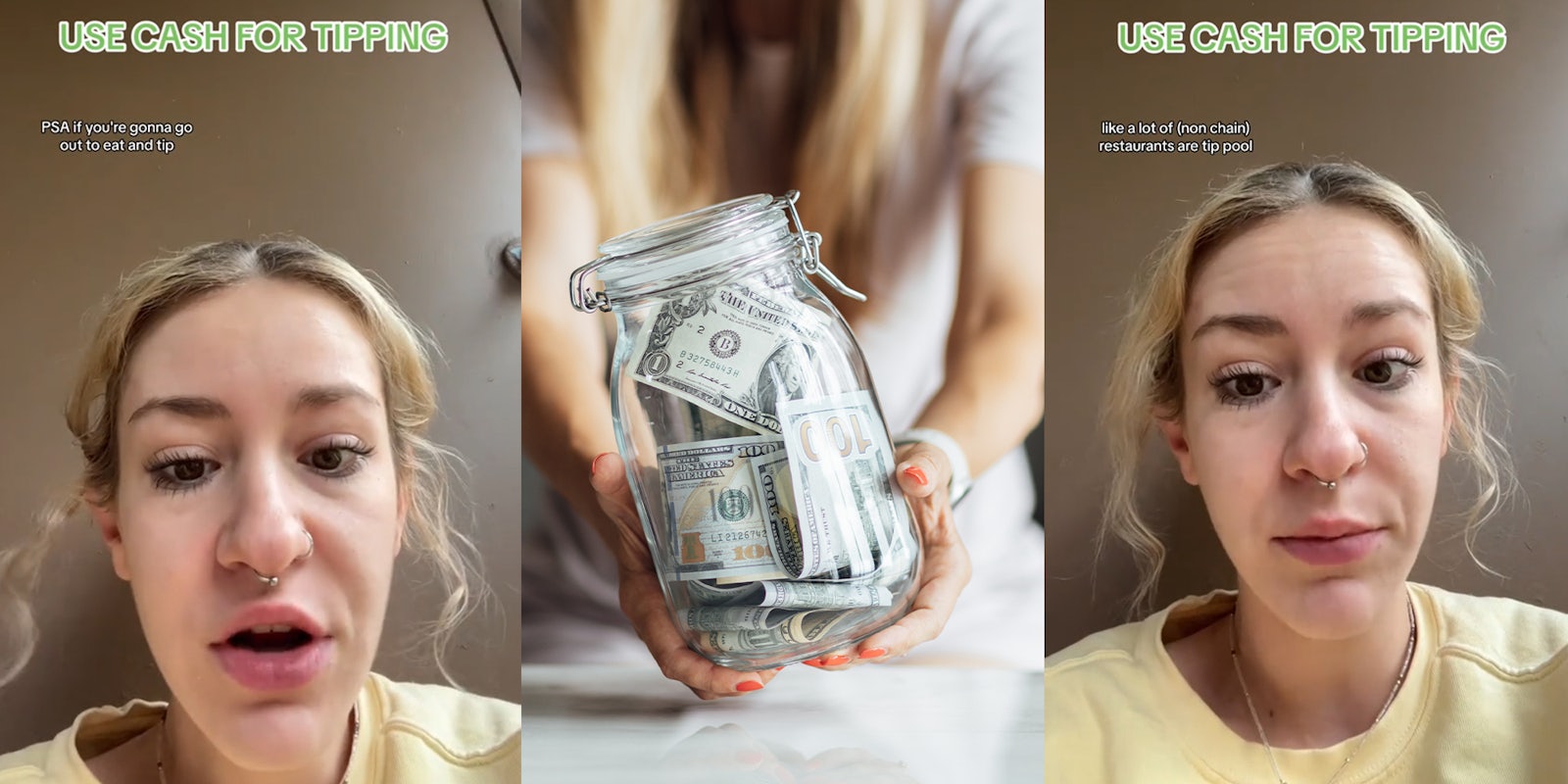 Woman wearing yellow T Shirt; Woman holding a jar of tip money.