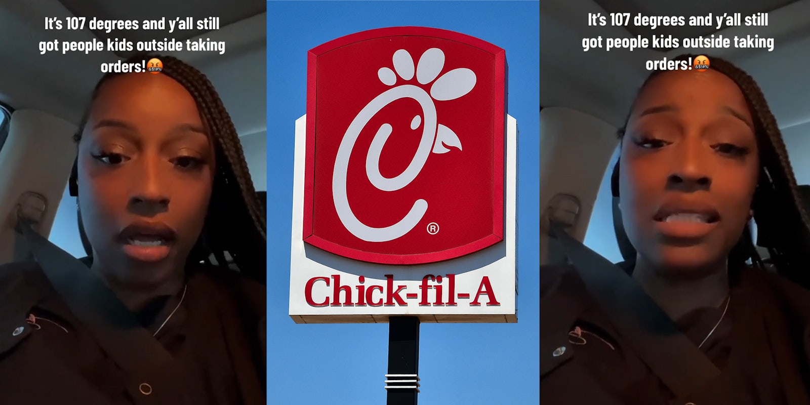 Black woman inside of car; chick fil a sign