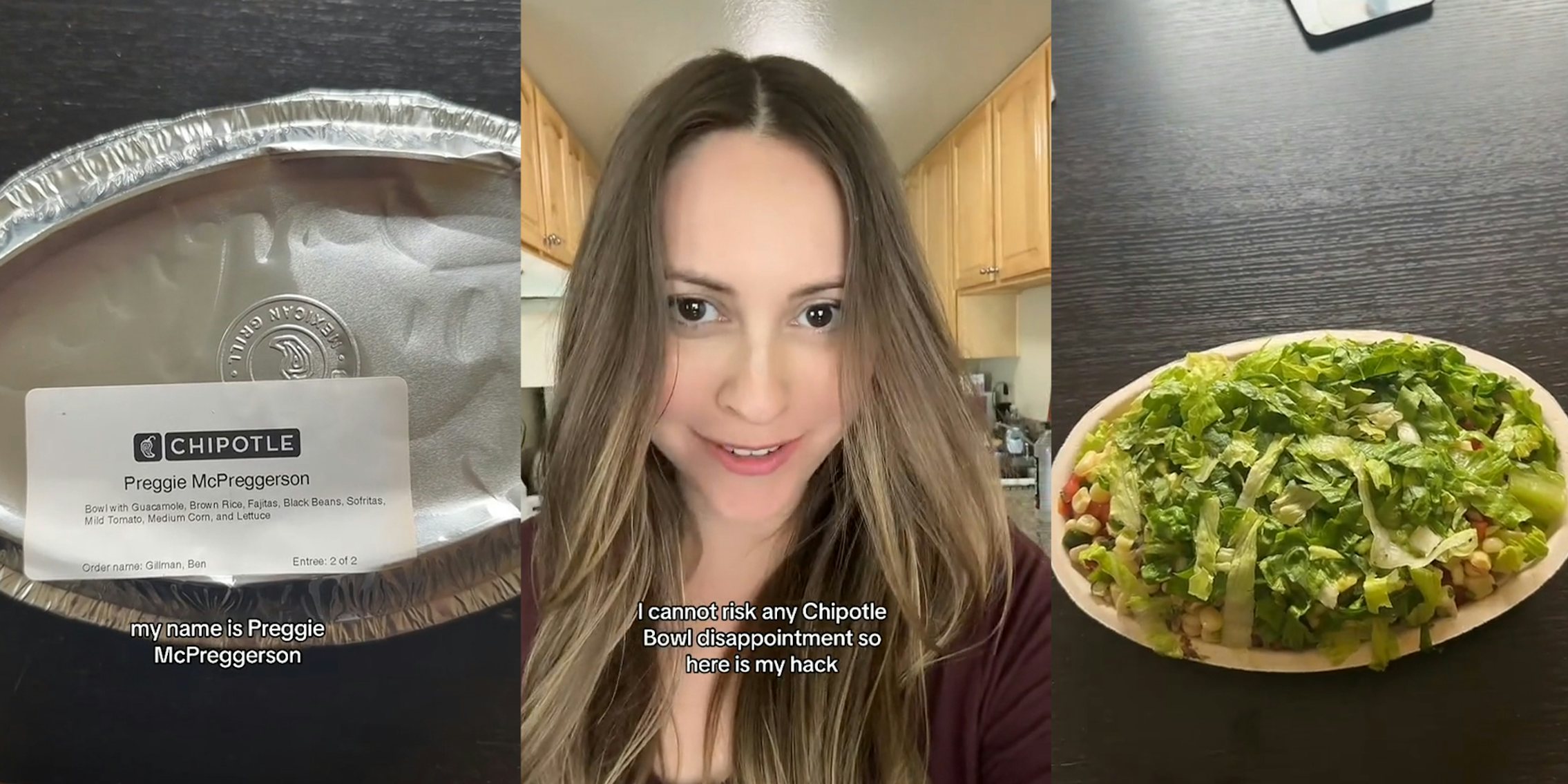 Sealed Chipotle Bowl; Woman wearing maroon blouse explaining chipotle hack; fully loaded chipotle bowl