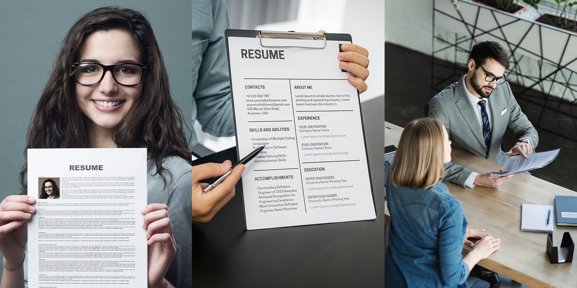Woman holding her custom resume; Point at resume with changes; Examiner reading a resume during job interview at office Business and human resources concept