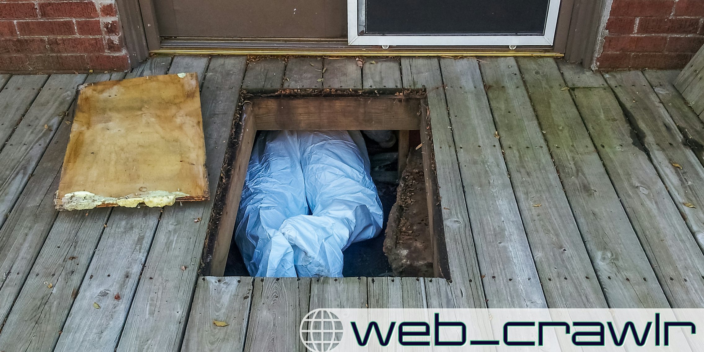 A person crawling underneath a deck attached to a house. The Daily Dot newsletter web_crawlr logo is in the bottom right corner.