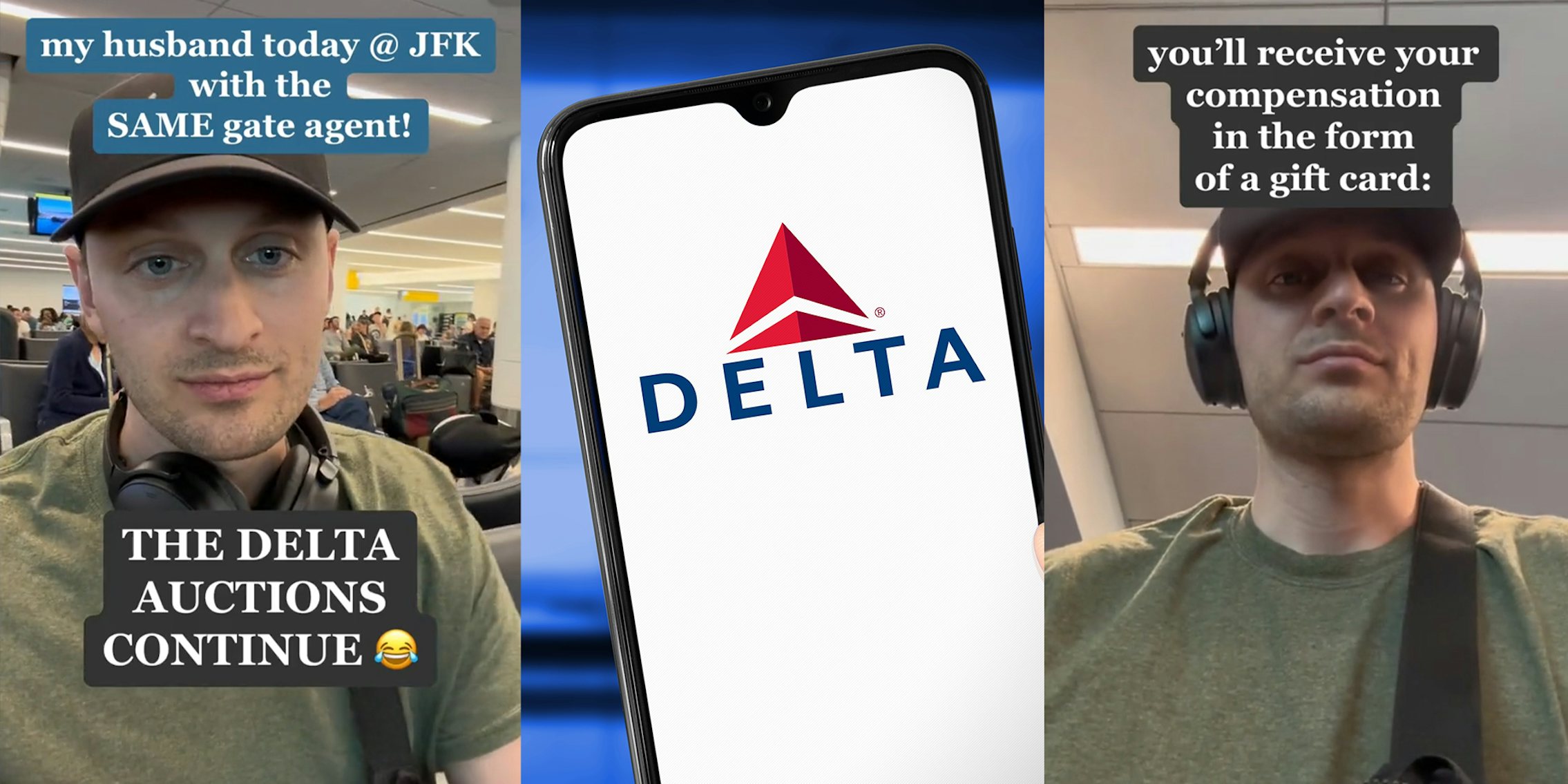 Man listening to Gate Agent at Delta Airlines Gate; Phone with blue background showing Delta Logo