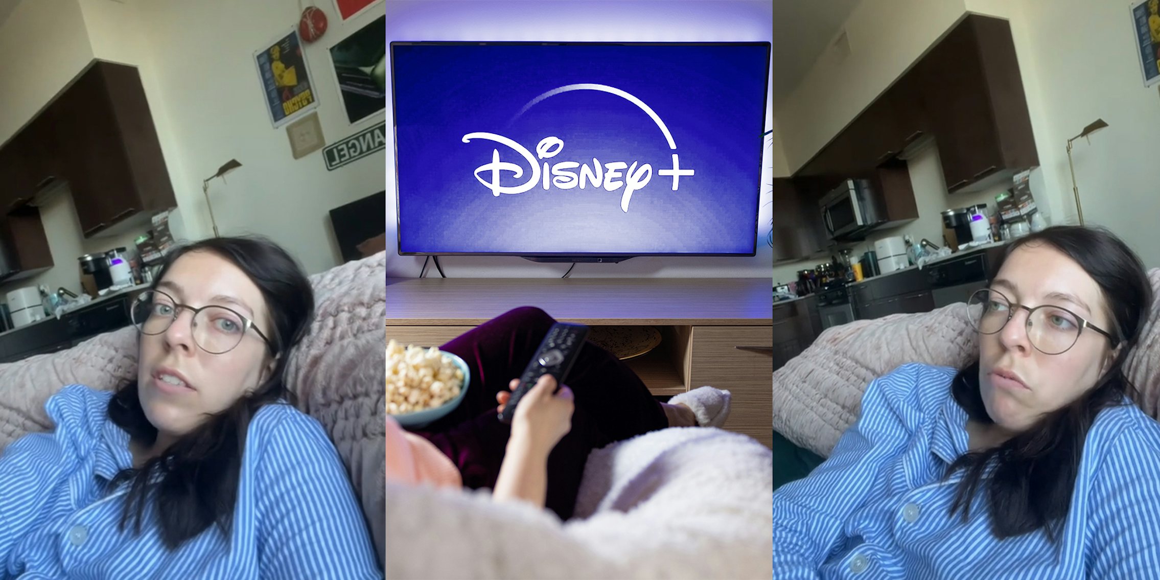 woman laying down on couch; Disney Plus on tv screen while woman eats popcorn