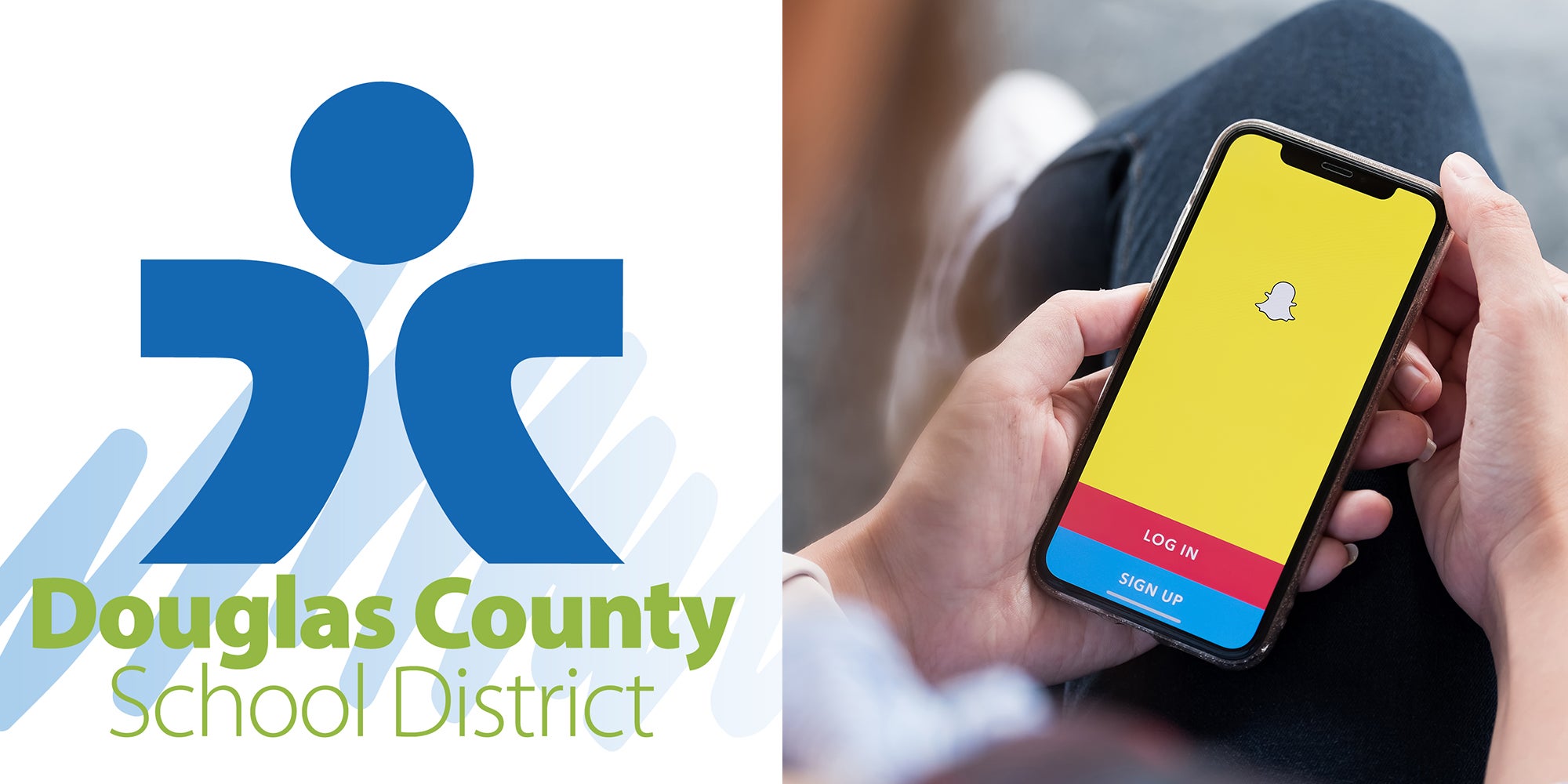 Douglas School logo, woman holding phone with snapchat app open