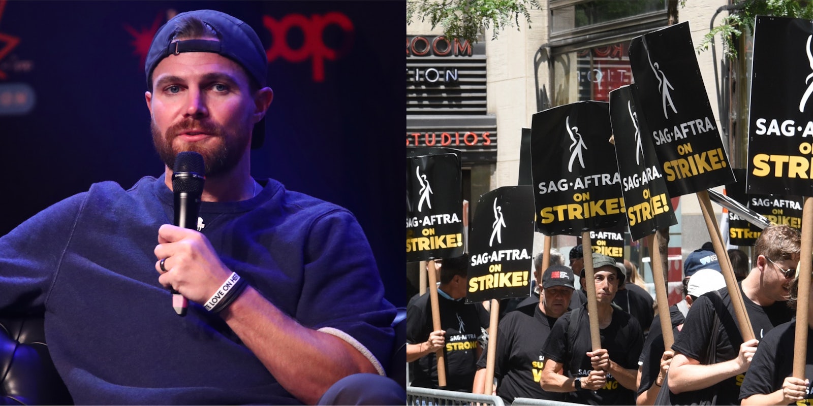Stephen Amell speaking in =to microphone in front of dark background (l) SAG-AFTRA on strike signs held by strikers in line outside (r)