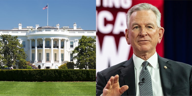 The White House with blue sky (l) US Senator Tommy Tuberville in front of blue and red background (r)