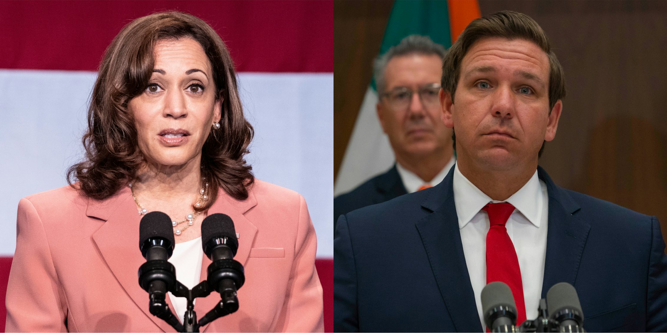 Kamala Harris speaking into microphones in front of red and white background (l) Ron DeSantis speaking into microphones in front of wood wall and flag (r)