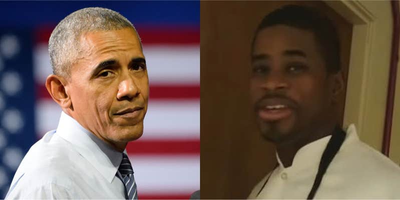 Barack Obama in front of American Flag background (l) Tafari Campbell speaking in front of doorway (r)