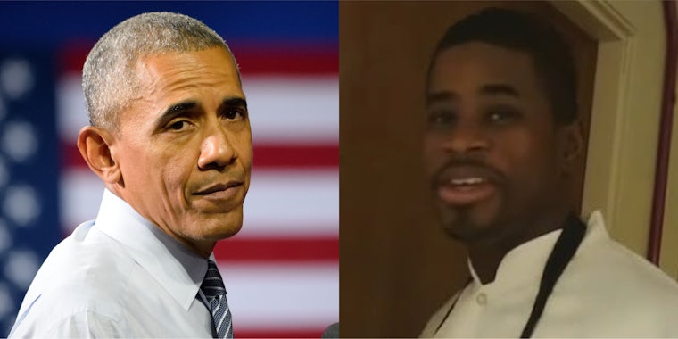 Barack Obama in front of American Flag background (l) Tafari Campbell speaking in front of doorway (r)