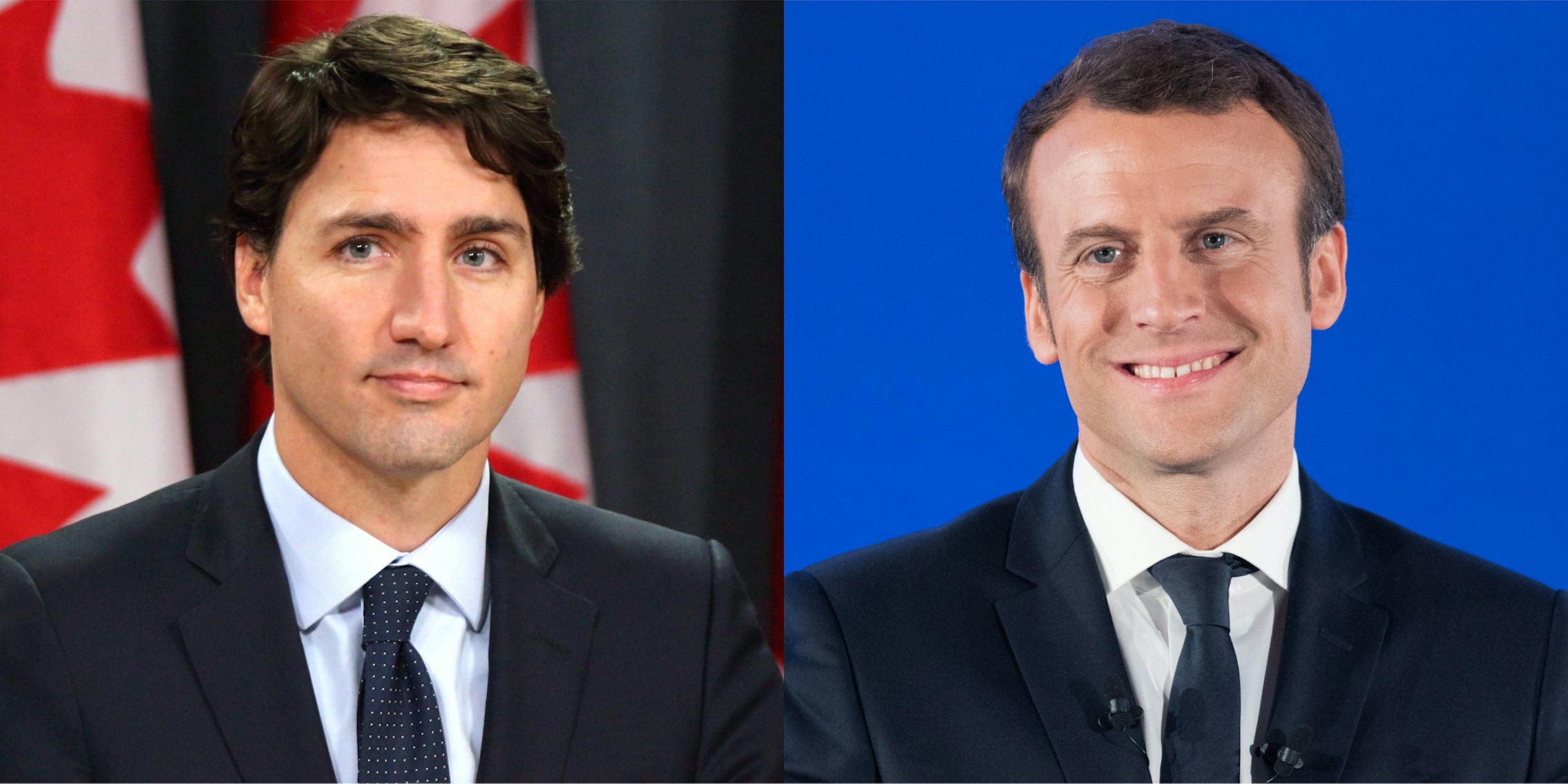 Justin Trudeau in front of red and black background (l) Emmanuel Macron in front of blue background (r)