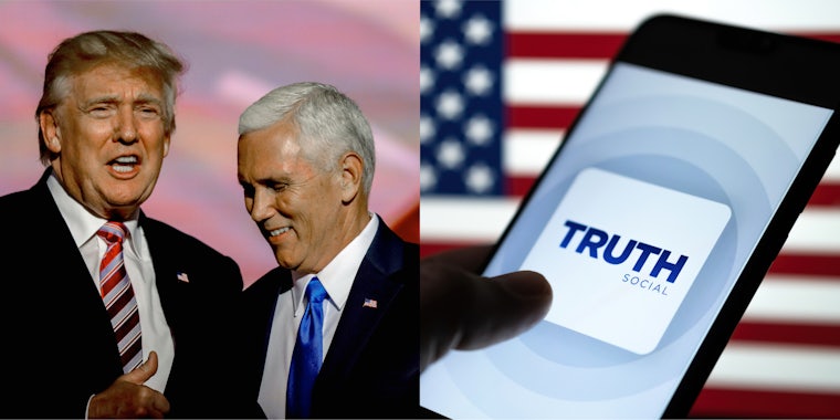 Donald J. Trump with Mike Pence in front of blurry pink background (l) hand holding phone with Truth Social on screen in front of American Flag (r)