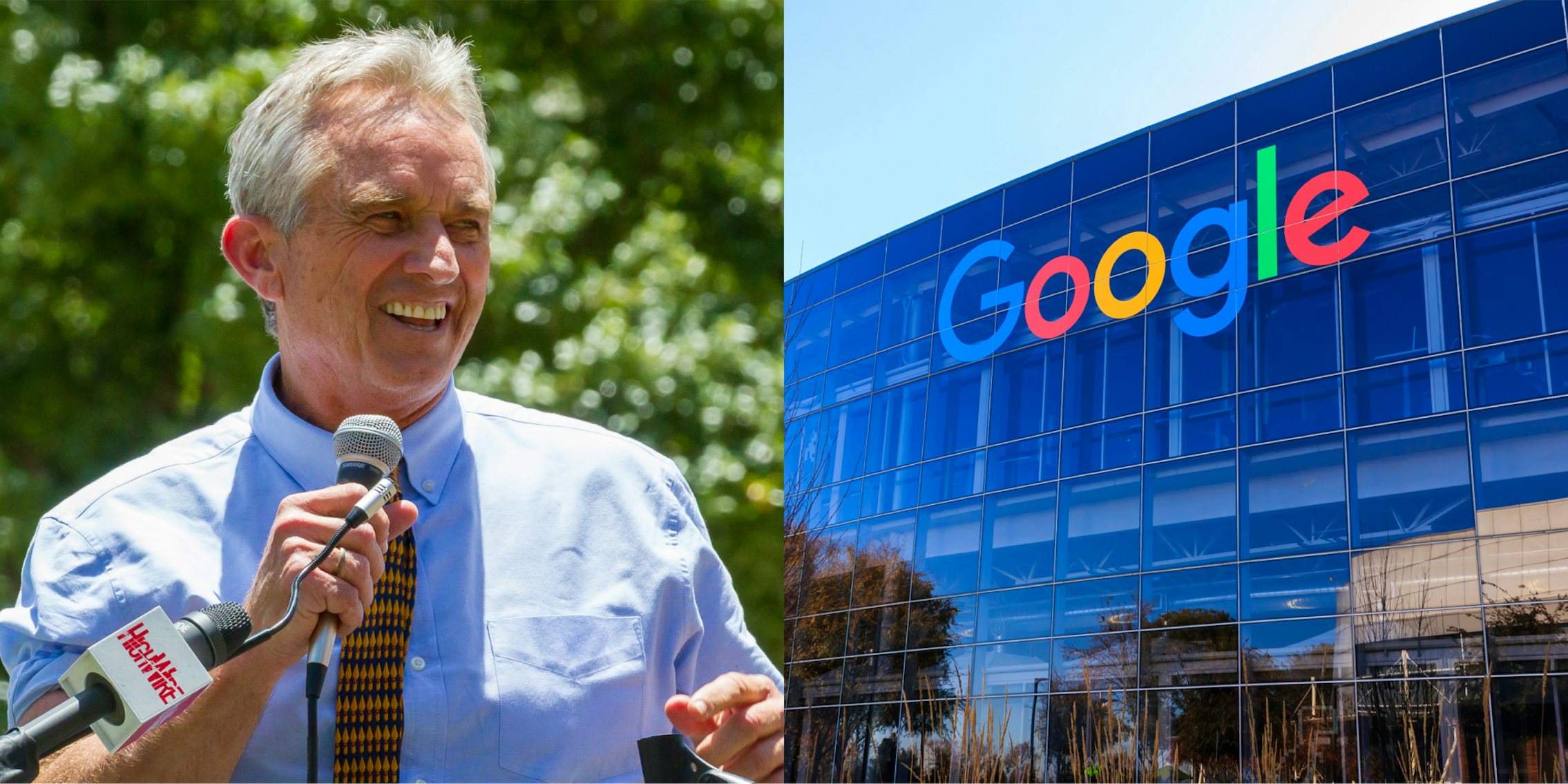Robert F. Kennedy Jr. speaking outside into microphone (l) Google building with sign (r)