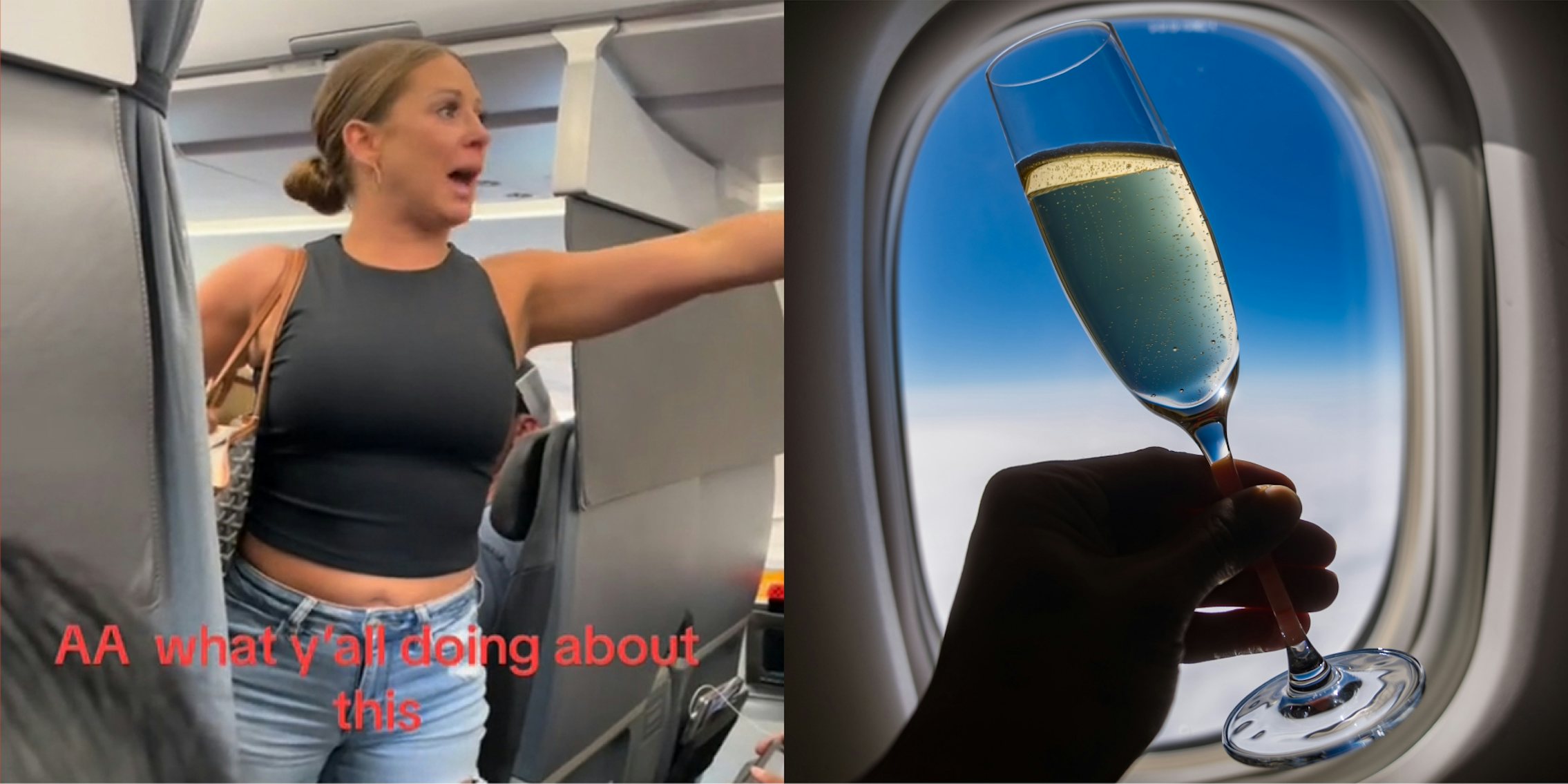 woman speaking in plane with caption 'AA what y'all doing about this' (l) airplane passenger holding glass of champagne up to plane window (r)