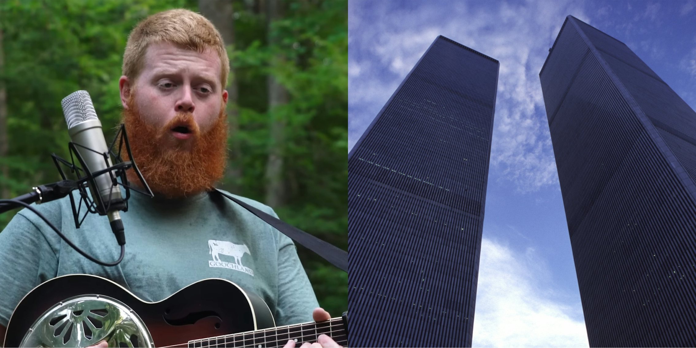 Oliver Anthony singing into microphone outside (c) World Trade Center towers with blue sky (r)