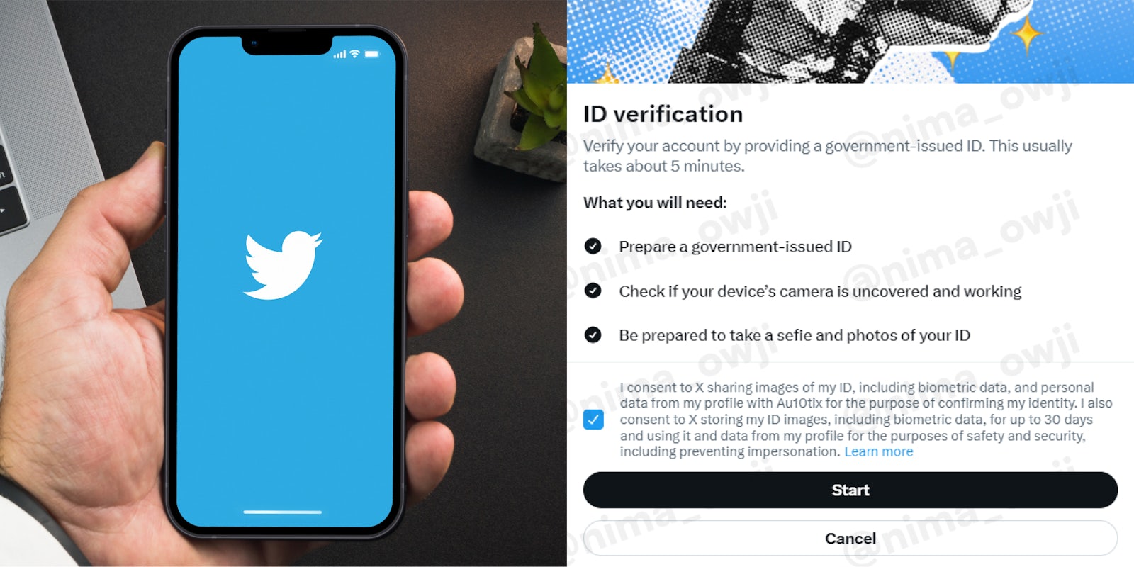 hand holding phone with Twitter on screen (l) Twitter ID verification notification (r)