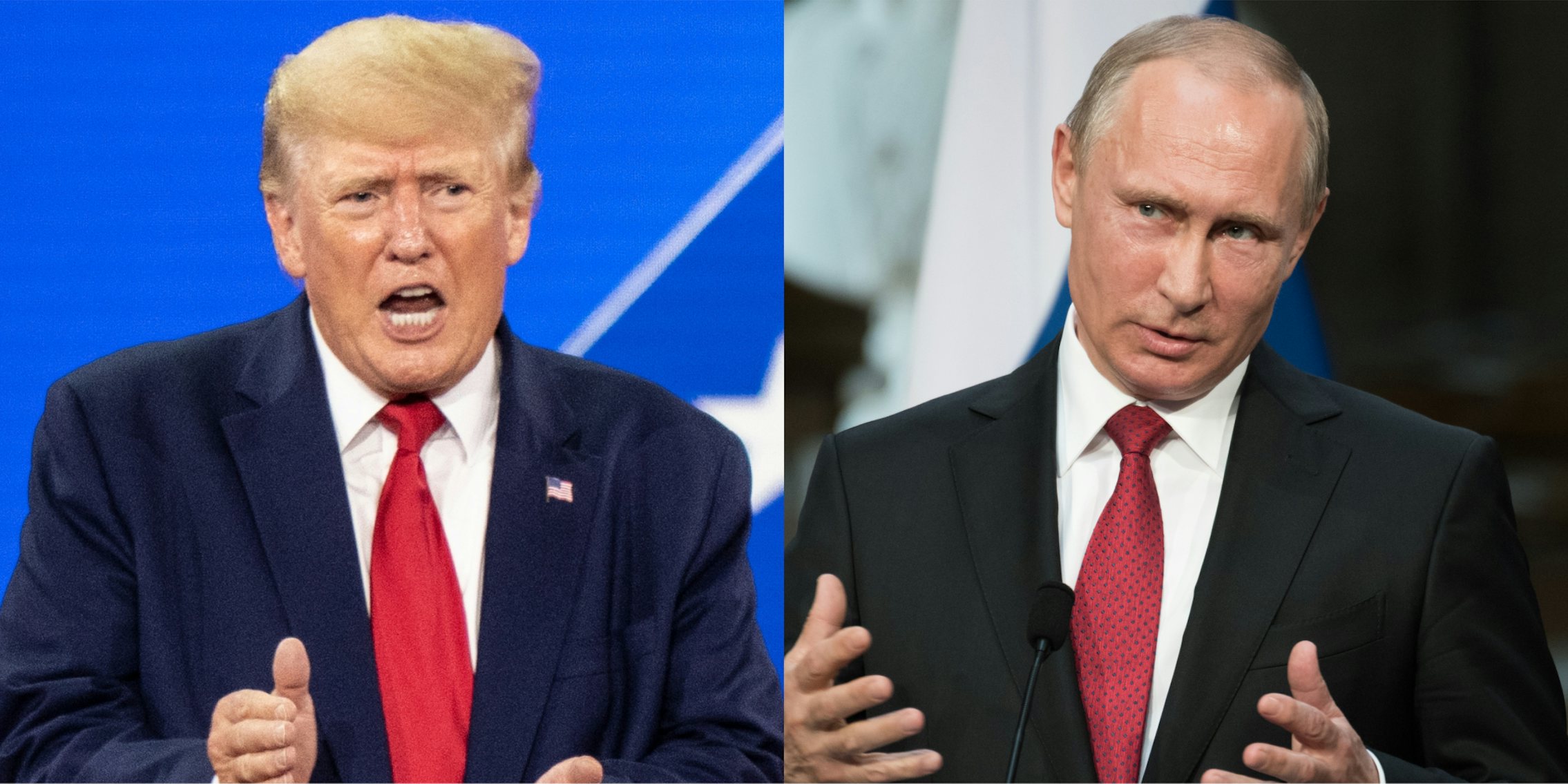 Donald Trump speaking in front of blue background (l) Vladimir Putin speaking in front of grey background (r)