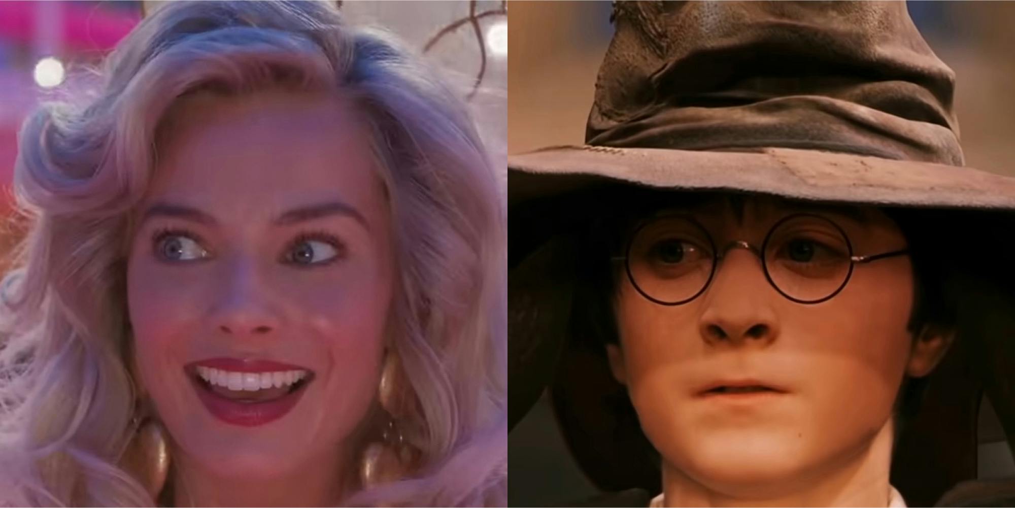 Margot Robbie as Barbie in Barbie (l) Daniel Radcliffe as Harry Potter in Harry Potter and the Philosopher's Stone (r)