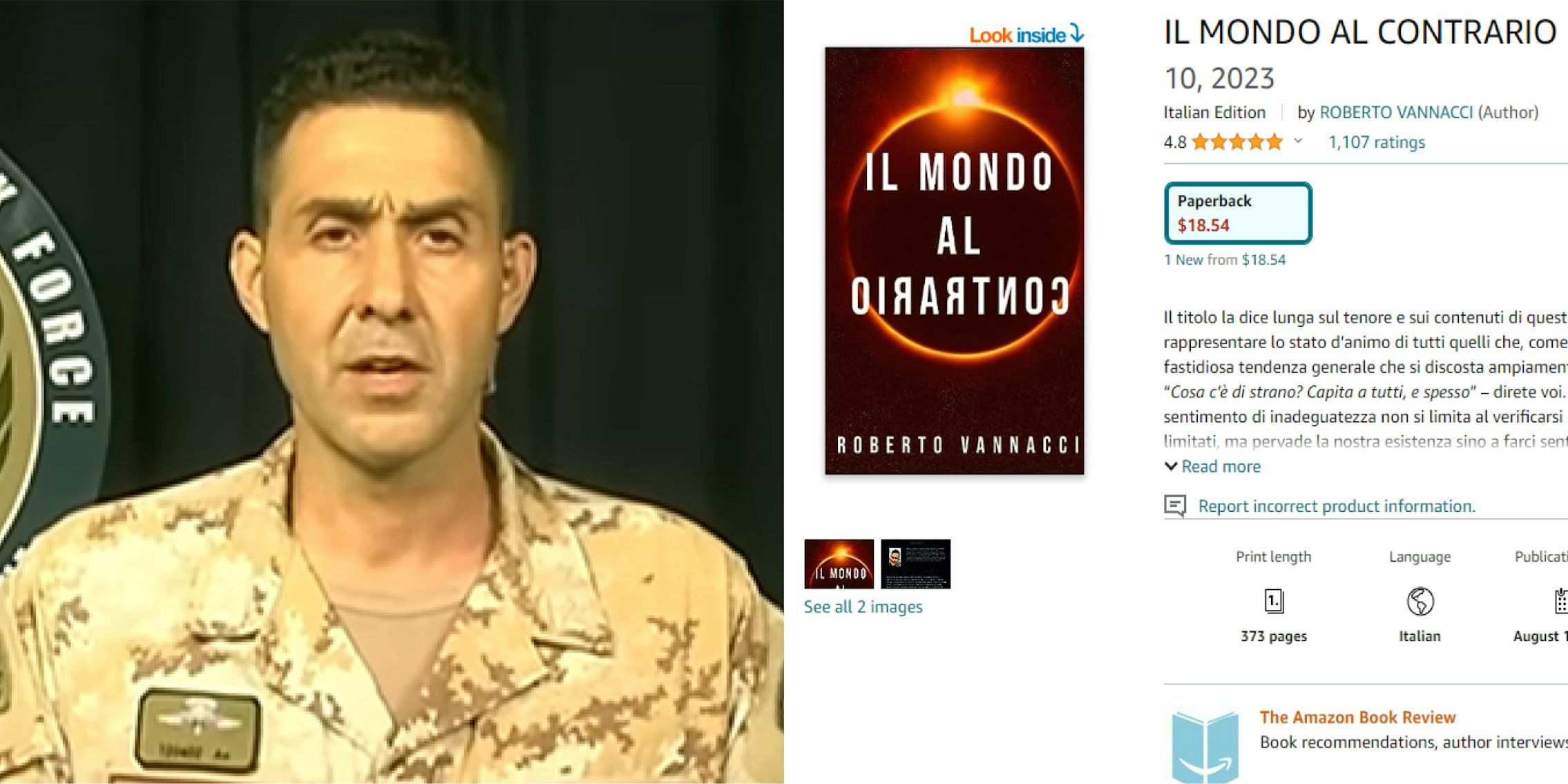 Roberto Vannacci speaking in front of grey curtain l) IL MONDO AL CONTRARIO book on Amazon (r)