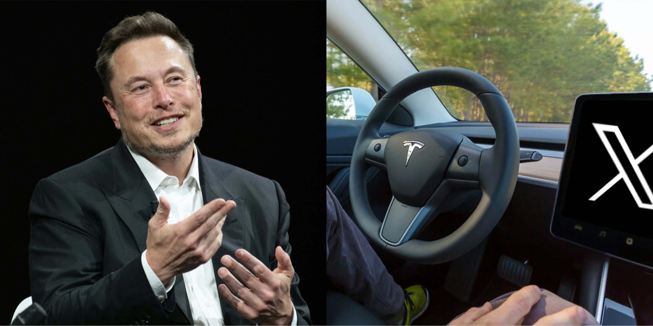 Elon Musk in front of black background (l) Tesla car interior with steering wheel and screen with X app logo (r)