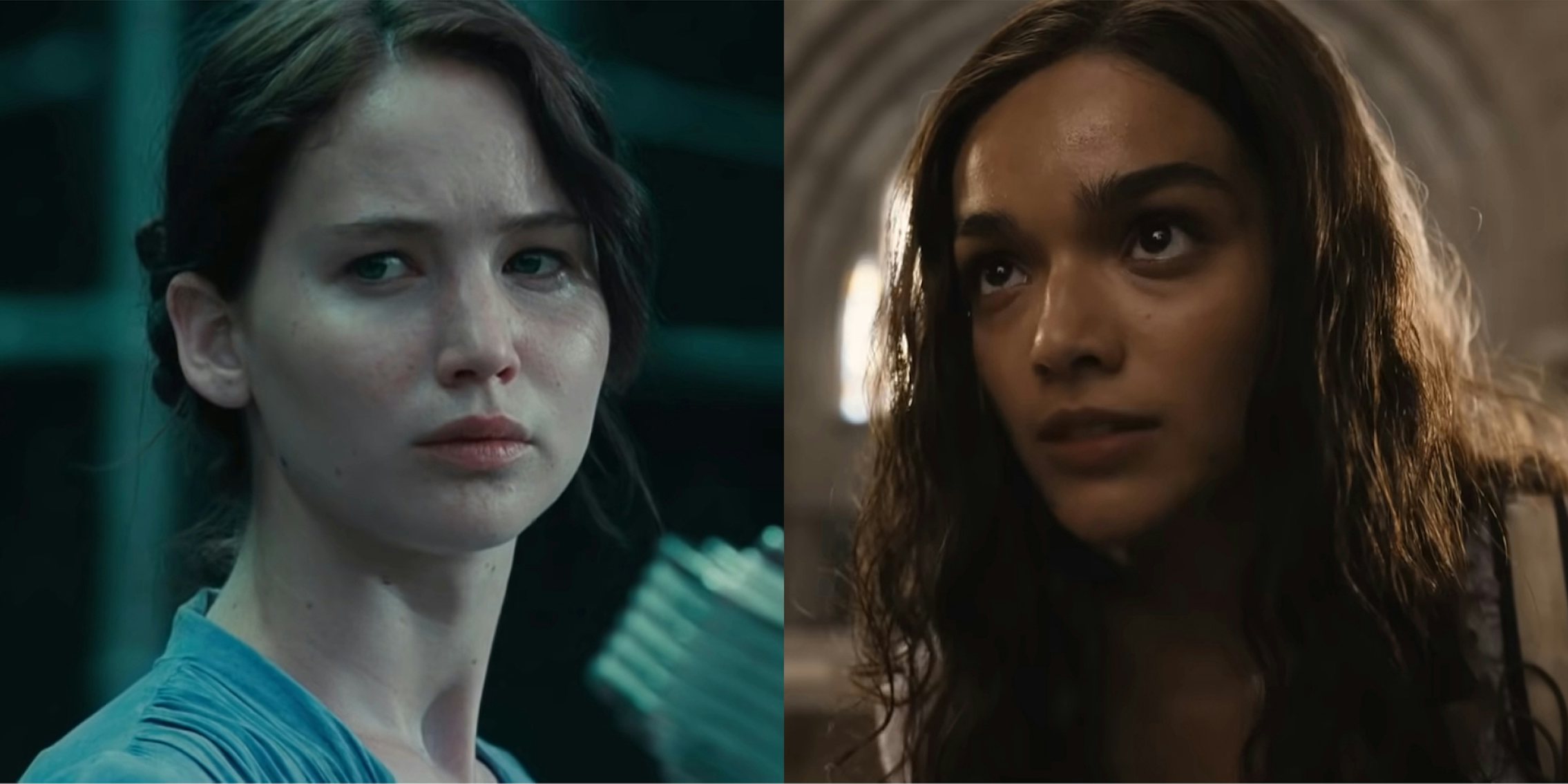 Jennifer Lawrence as Katniss Everdeen in The Hunger Games (l) Rachel Zegler as Lucy Gray Baird in The Hunger Games: The Ballad of Songbirds & Snakes (r)