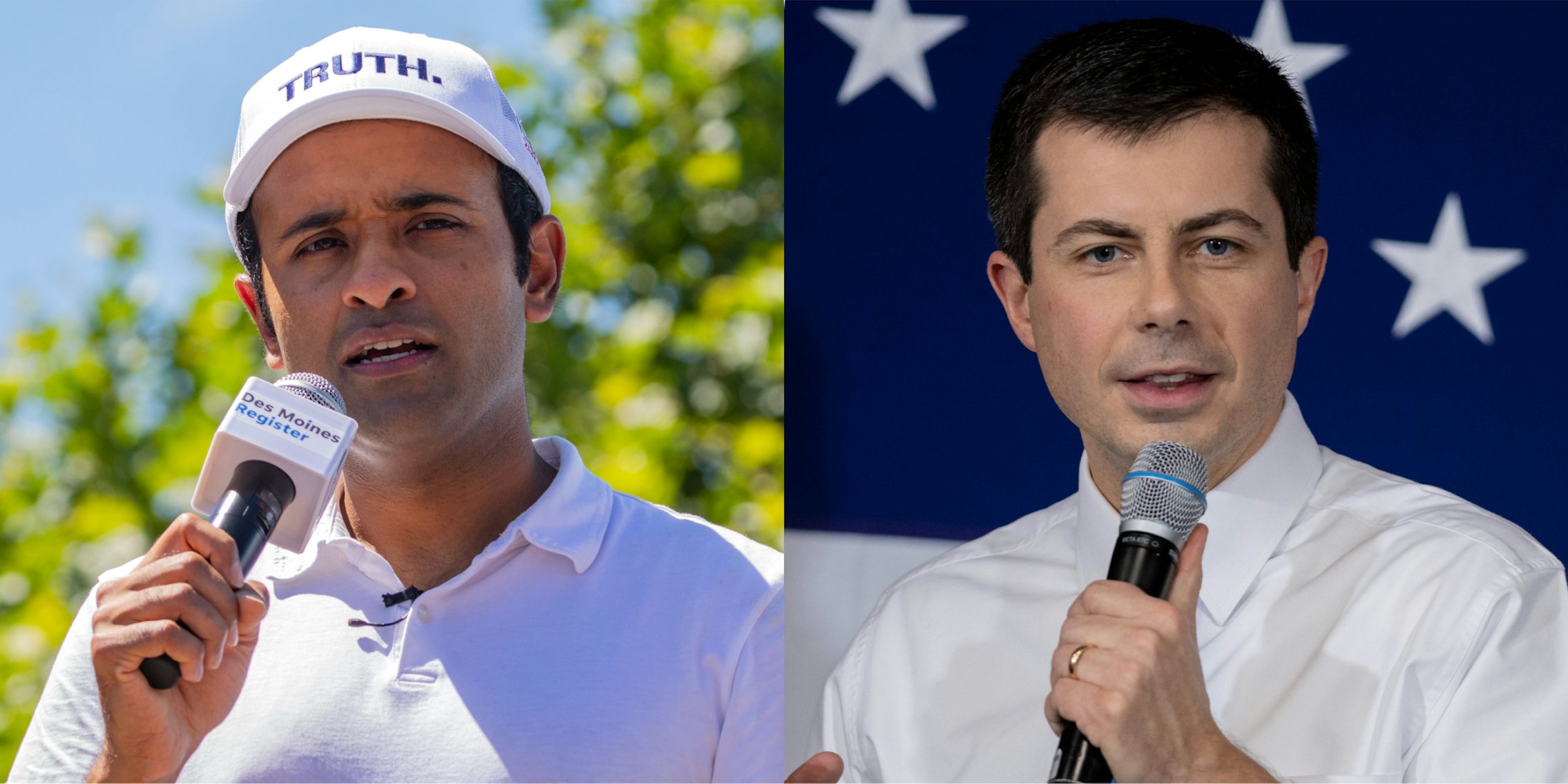 Vivek Ramaswamy speaking into microphone outside (l) Pete Buttigieg speaking into microphone in front of blue with white stars background (r)