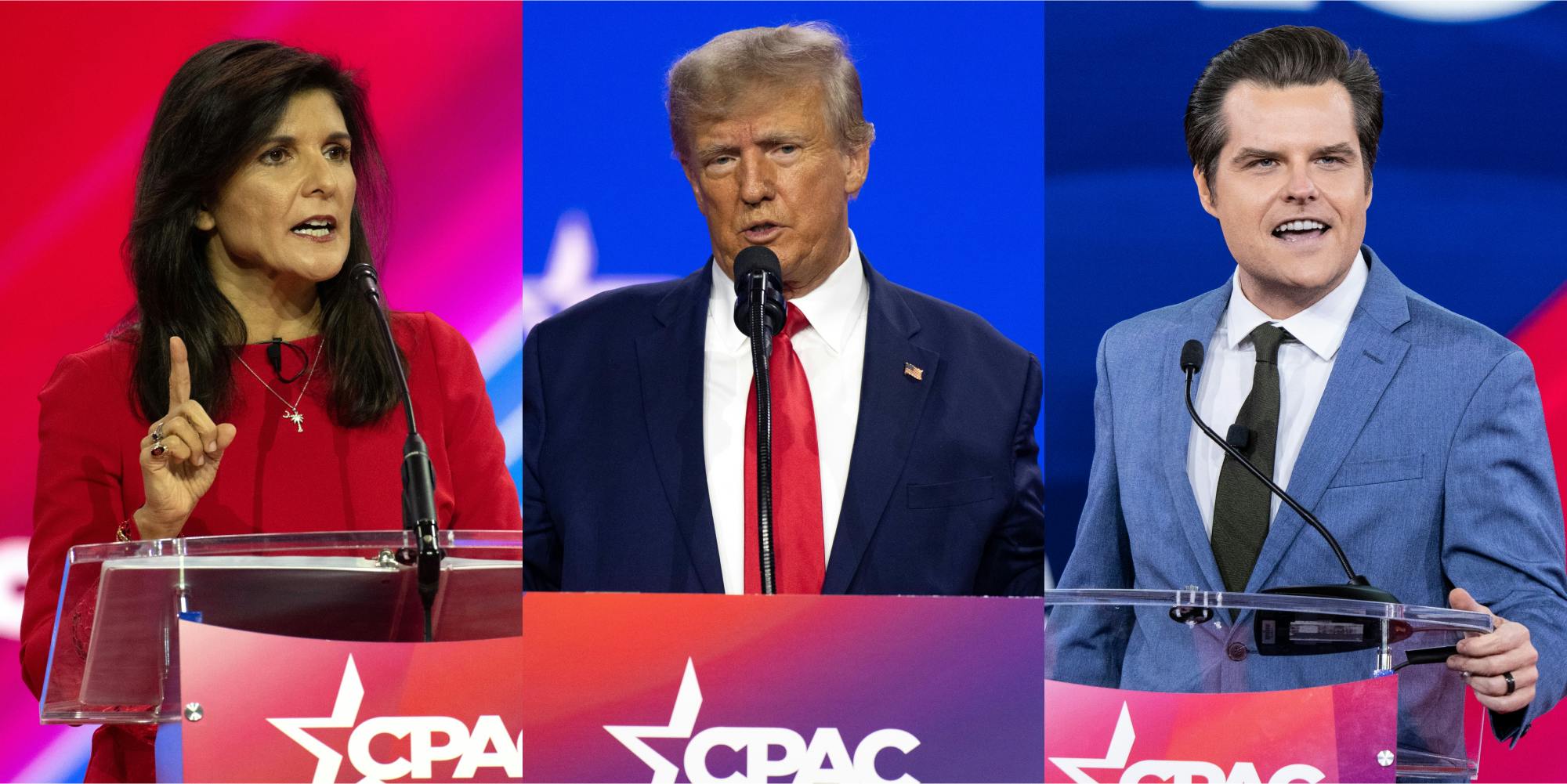 Nikki Haley speaking into microphone in front of red background (l) Donald Trump speaking into microphone in front of blue background (c) Matt Gatez speaking into microphone in front of blue background (r)