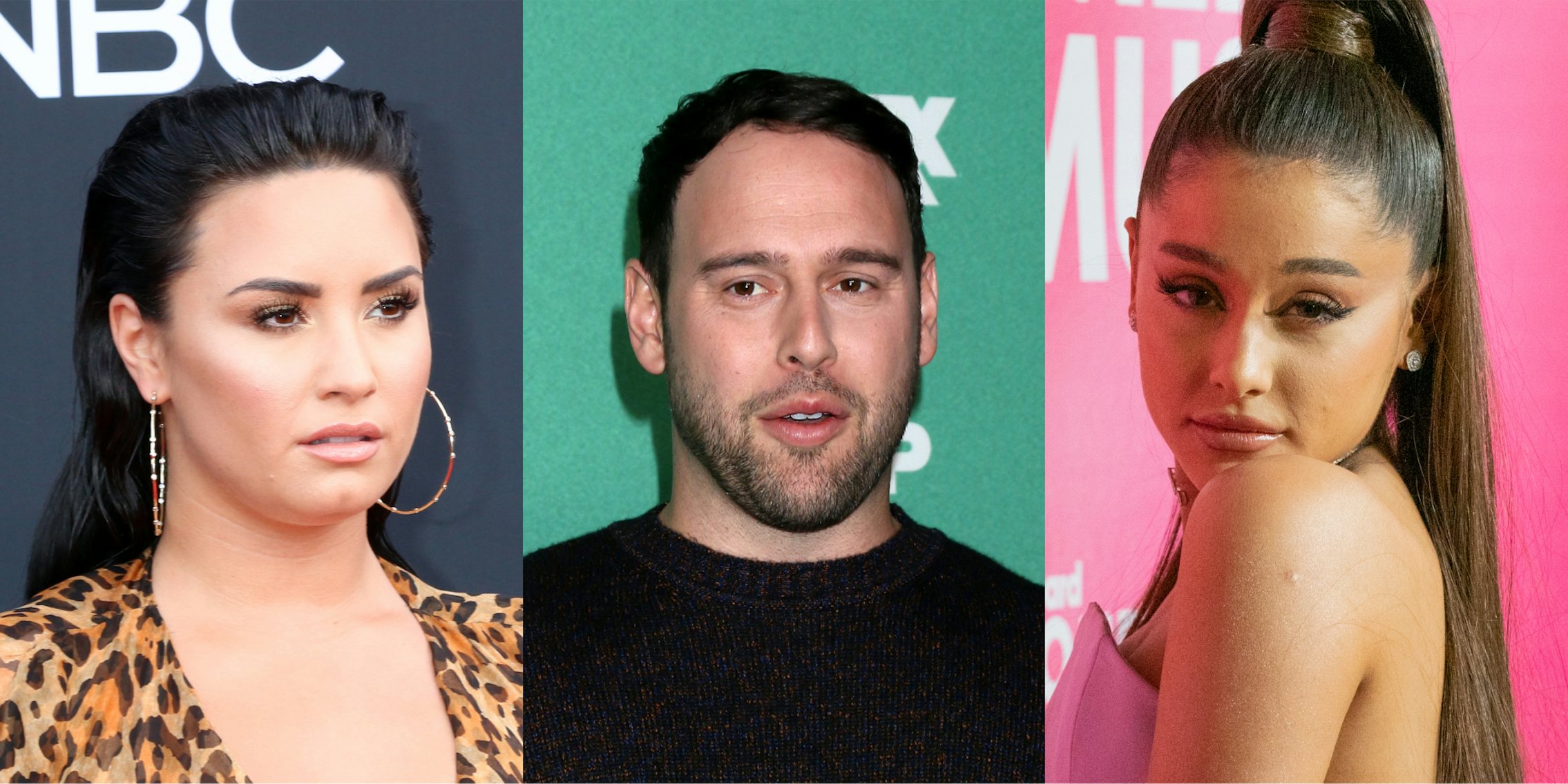 Demi Lovato in front of grey background (l) Scooter Braun in front of green background (c) Ariana Grande in front of pink background (r)