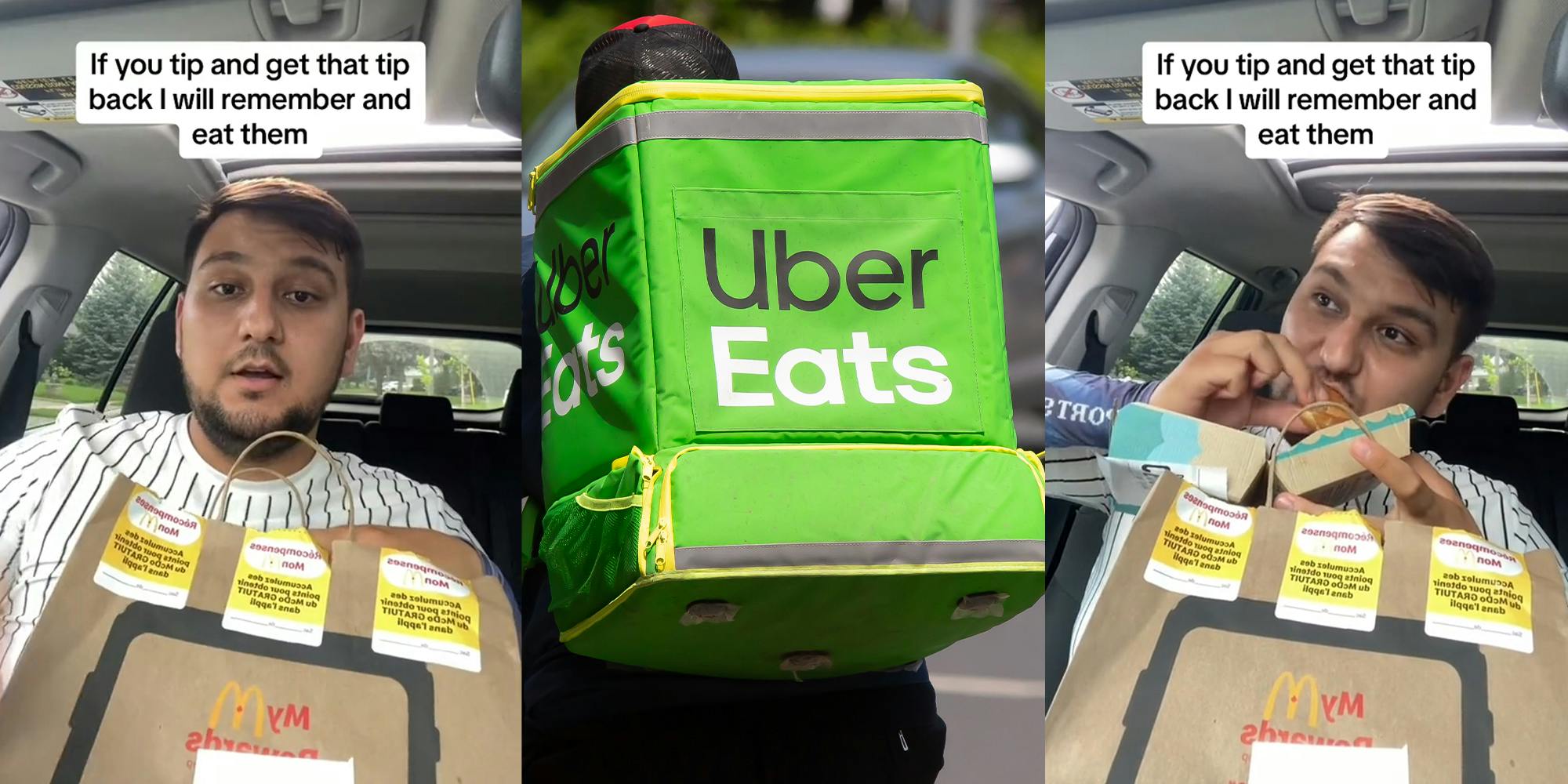 Man who delivers for UberEats inside of car eating his customers food.