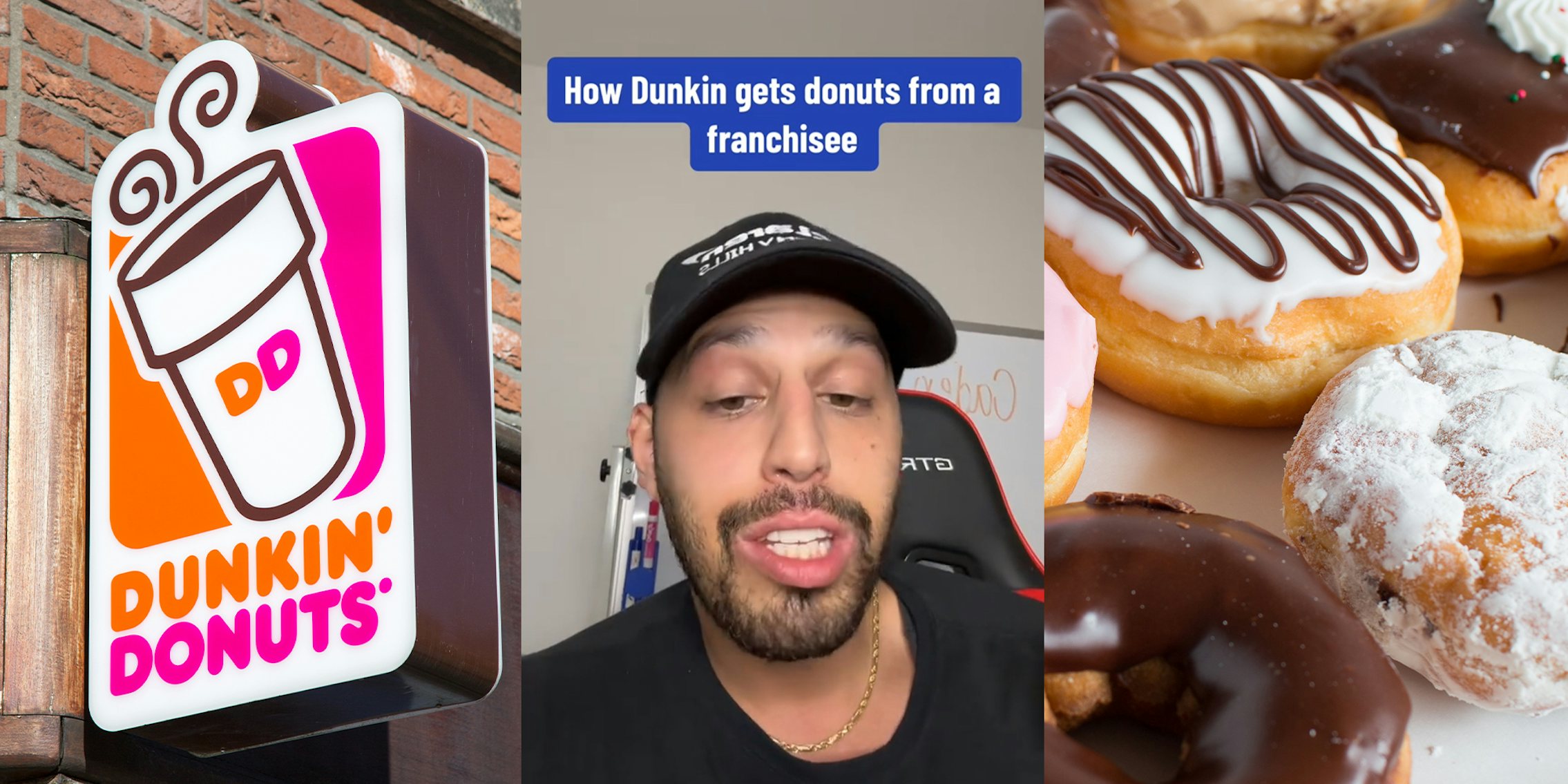 Dunkin Donuts logo sign; man explaining how store owners get their donuts; various flavored Donuts