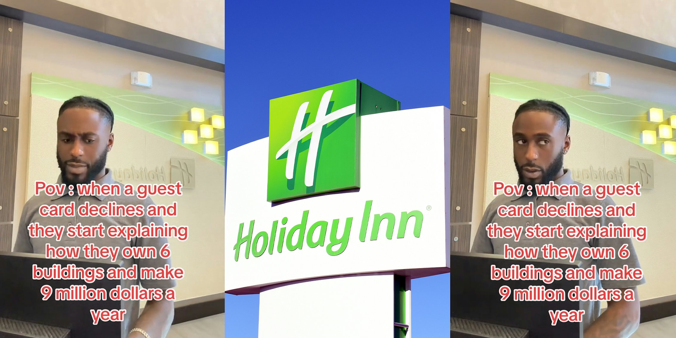Holiday Inn worker looking at system that shows the card declined; holiday inn sign