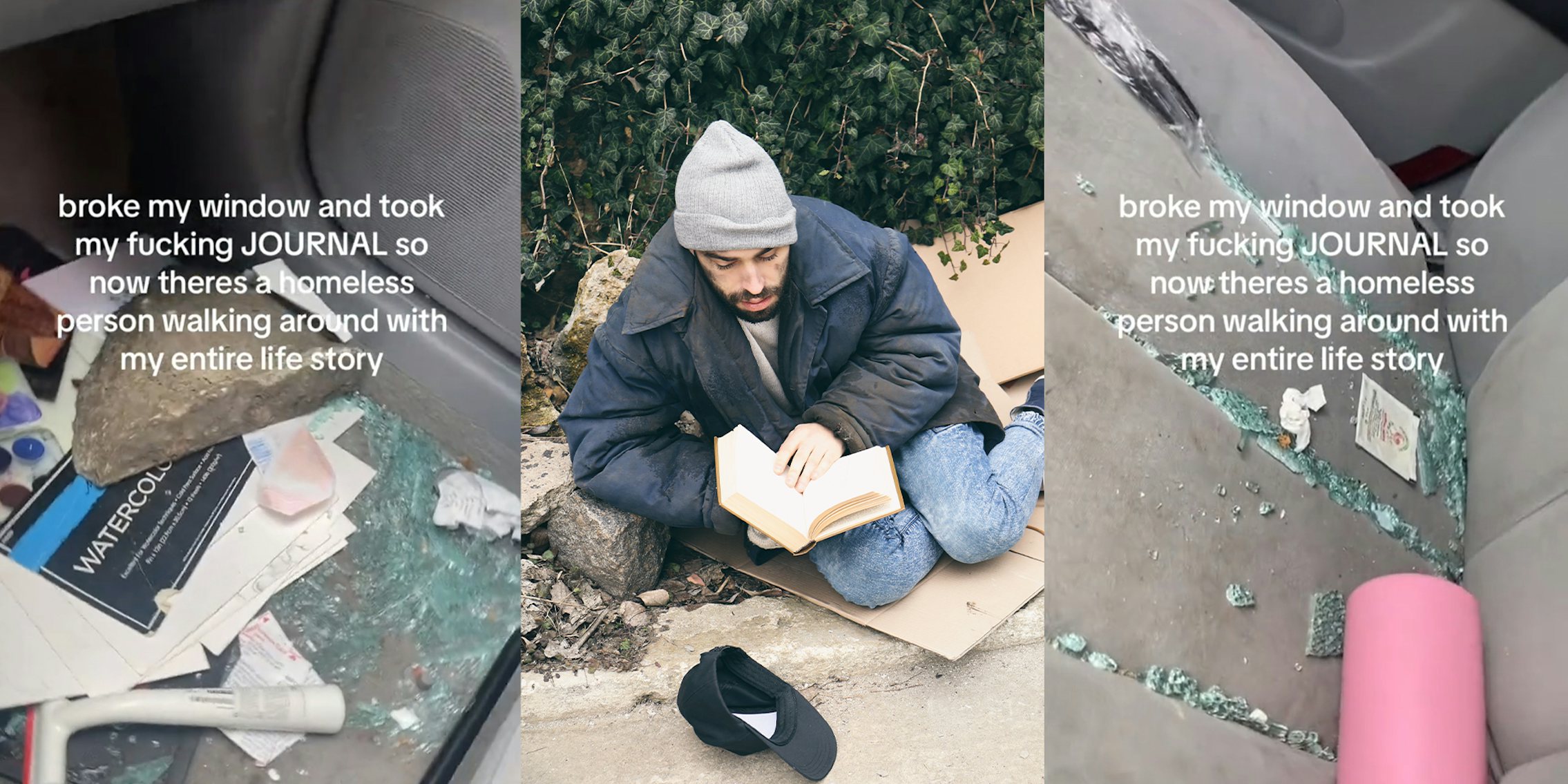 Rock shattered vehicle glass; homeless man reading journal
