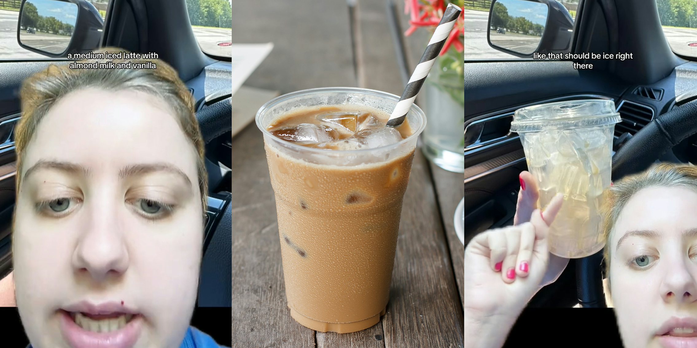 woman with iced coffee explaining she only got 8 sips out of it.