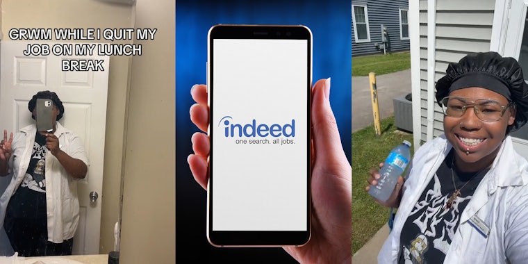 Black woman taking selfie Infront of mirror; hand holding phone with indeed logo on display; Black woman smiling holding a water bottle.