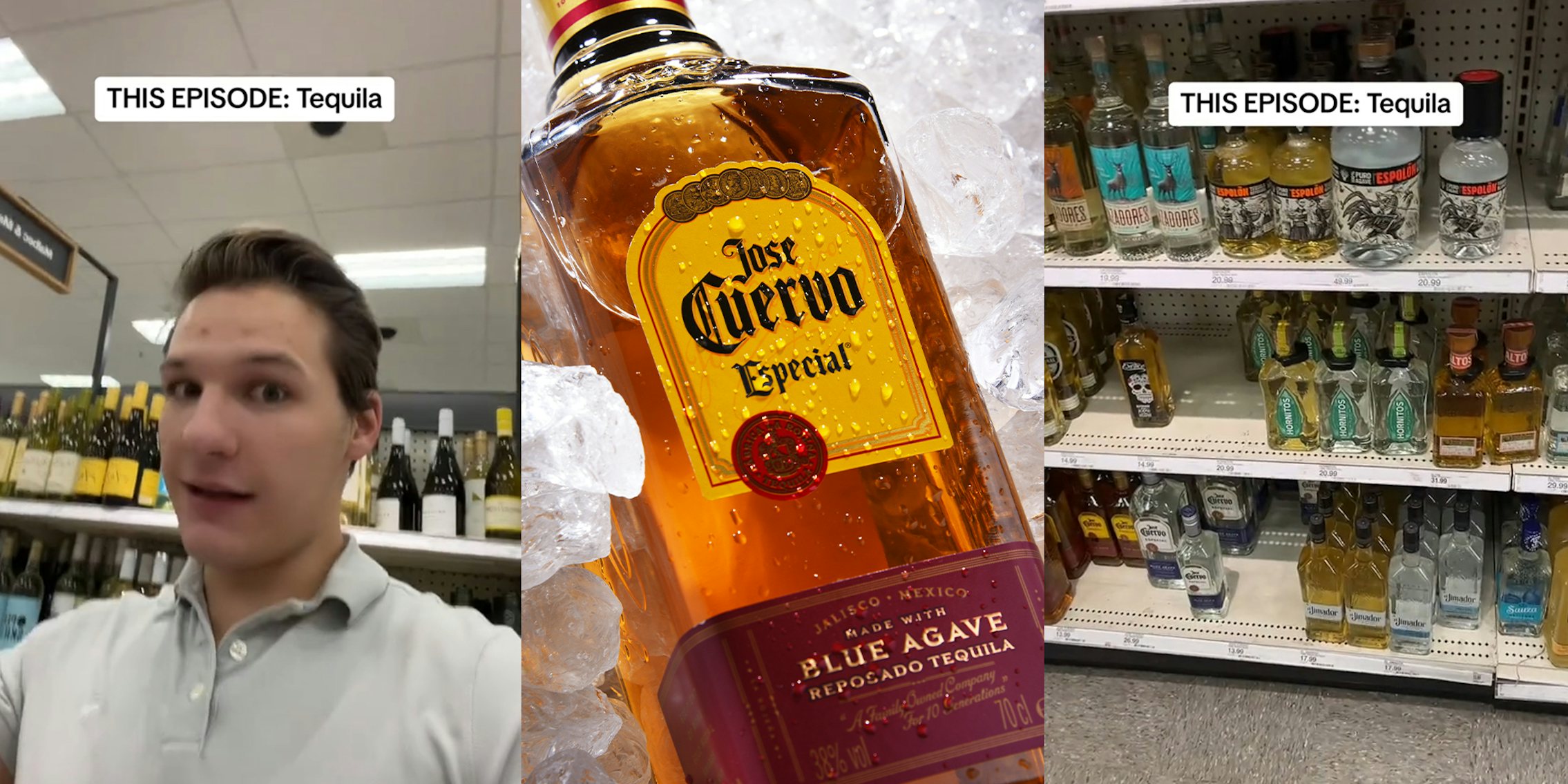 Man inside liqueur store; Josue Cuervo; Liquors in shelves at store