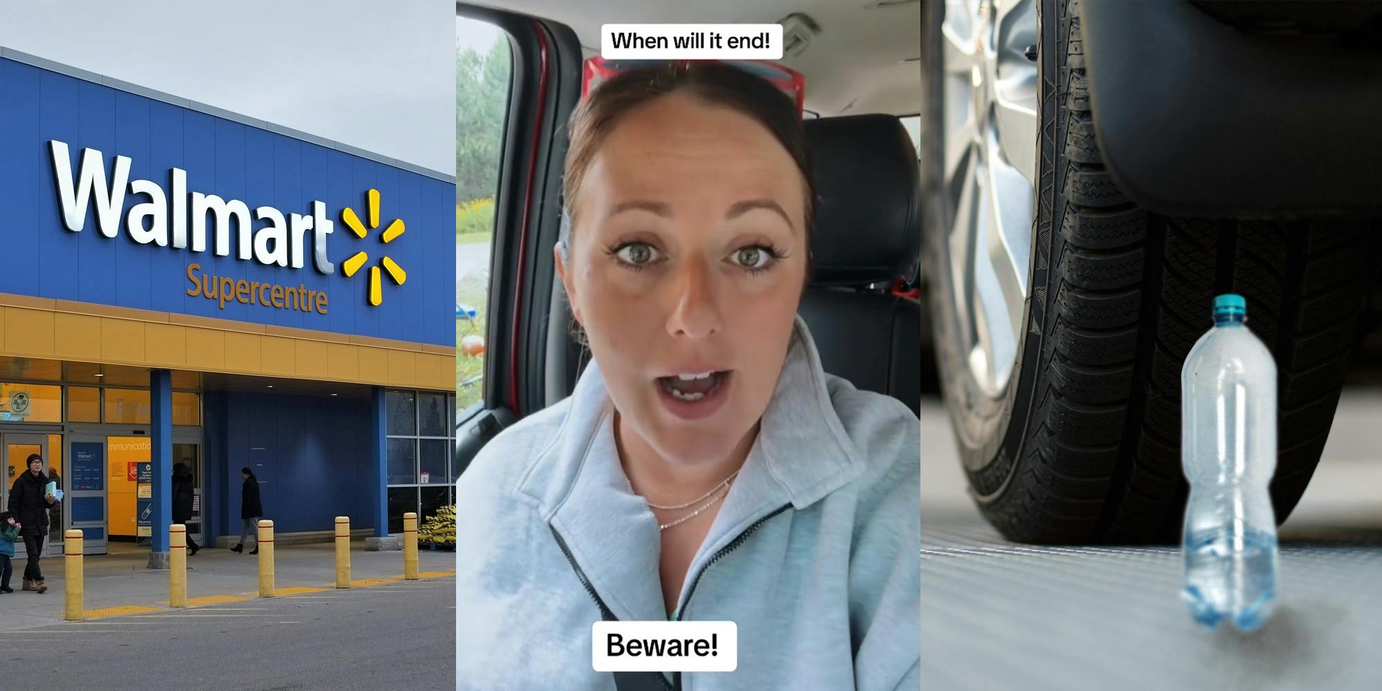 Walmart building with sign (c) woman speaking in car with caption "When will it end! Beware!" (c) water bottle behind car tire (r)