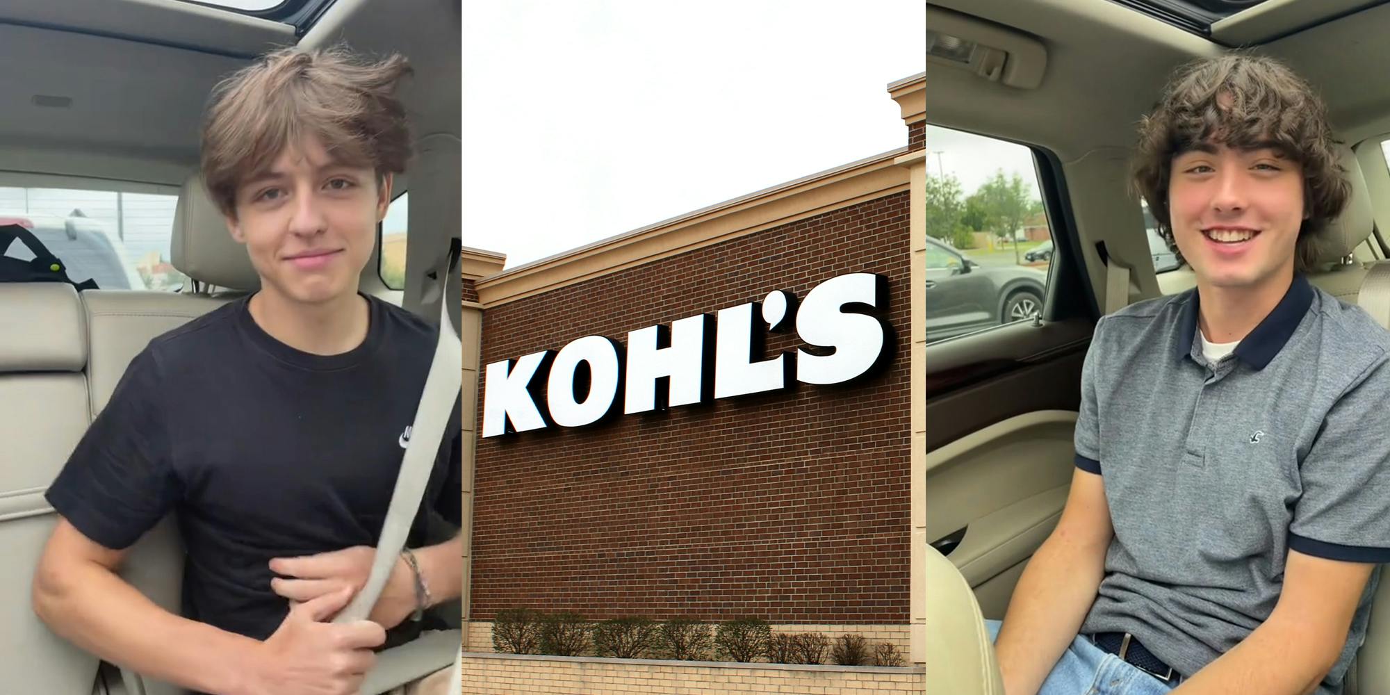 young man putting on seatbelts, Kohls store front