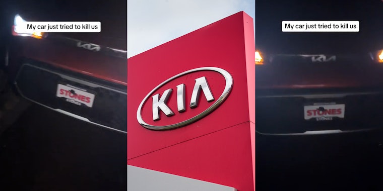 New Kia Vehicle parked on the side of the road; Kia Logo on Building